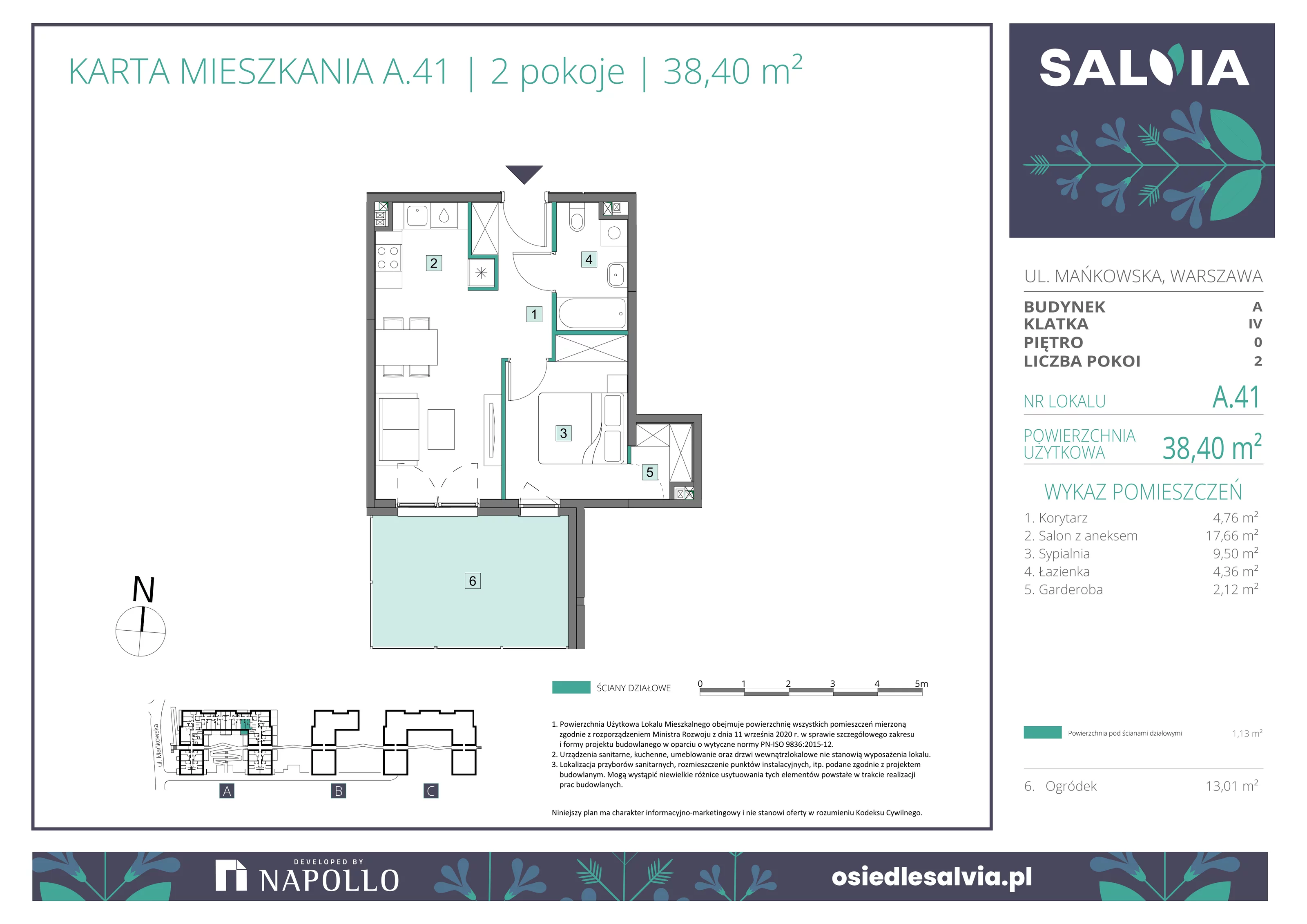 2 pokoje, mieszkanie 38,40 m², parter, oferta nr A.41, Osiedle Salvia, Warszawa, Białołęka, Kobiałka, ul. Mańkowska