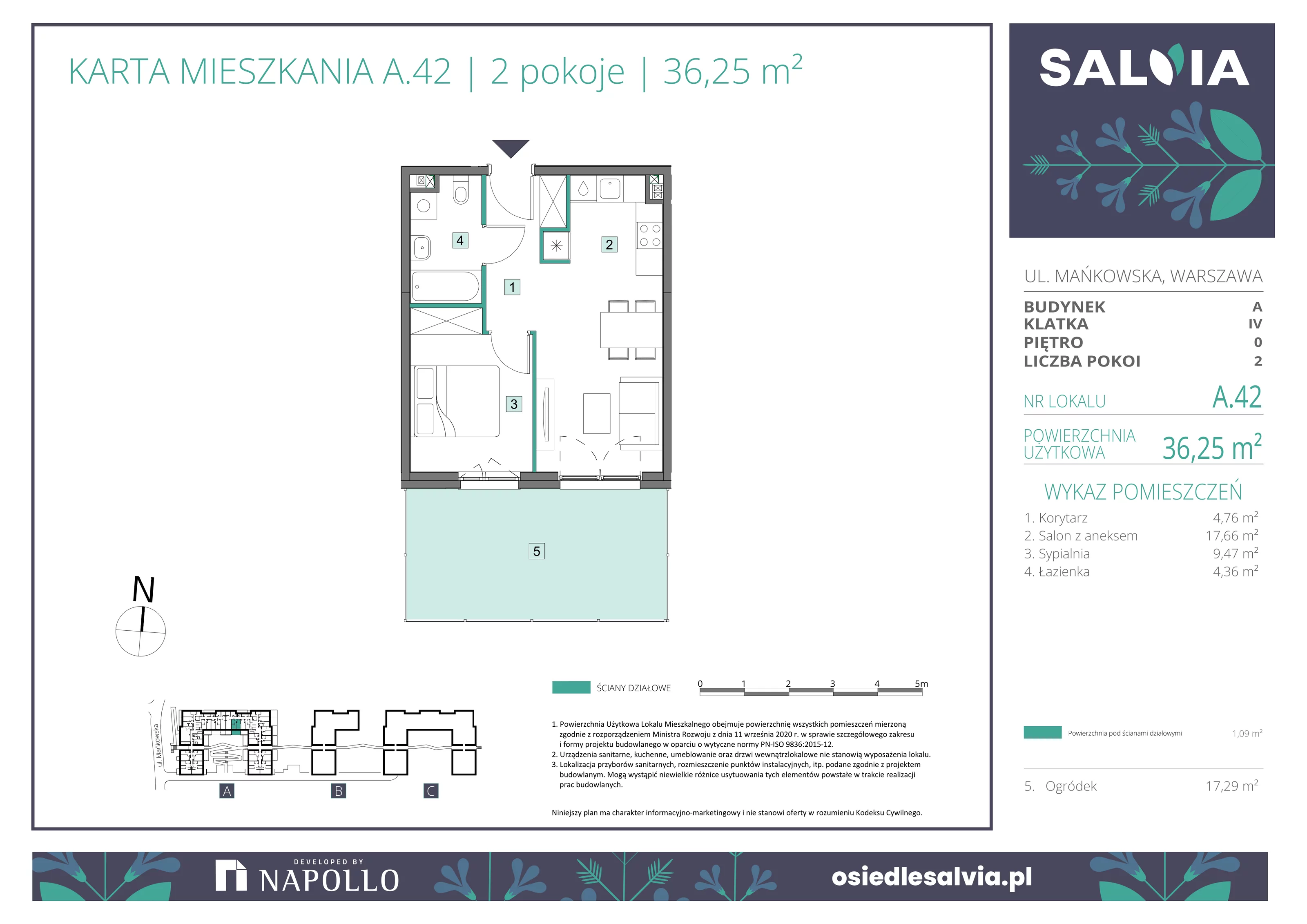 2 pokoje, mieszkanie 36,25 m², parter, oferta nr A.42, Osiedle Salvia, Warszawa, Białołęka, Kobiałka, ul. Mańkowska