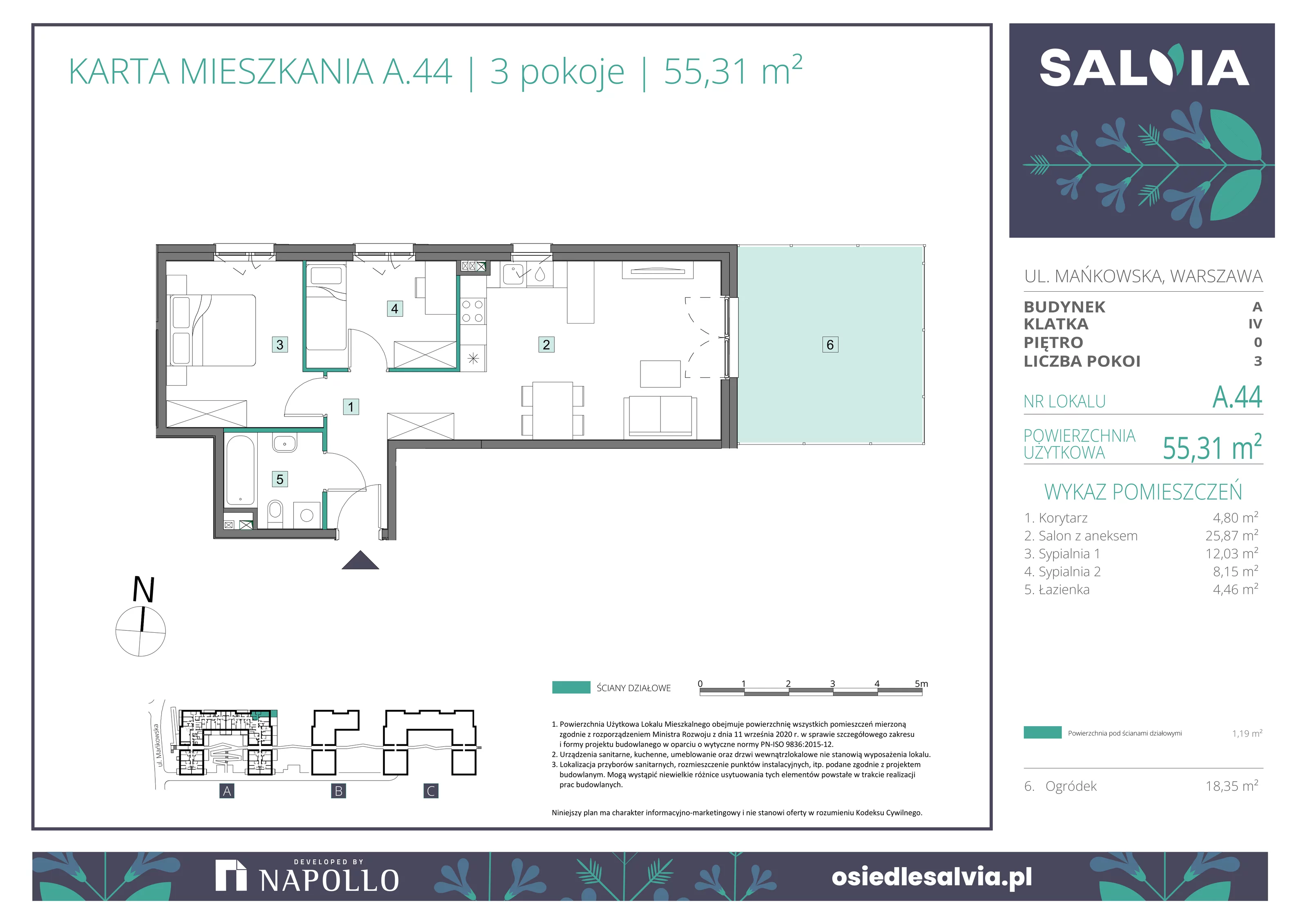3 pokoje, mieszkanie 55,31 m², parter, oferta nr A.44, Osiedle Salvia, Warszawa, Białołęka, Kobiałka, ul. Mańkowska