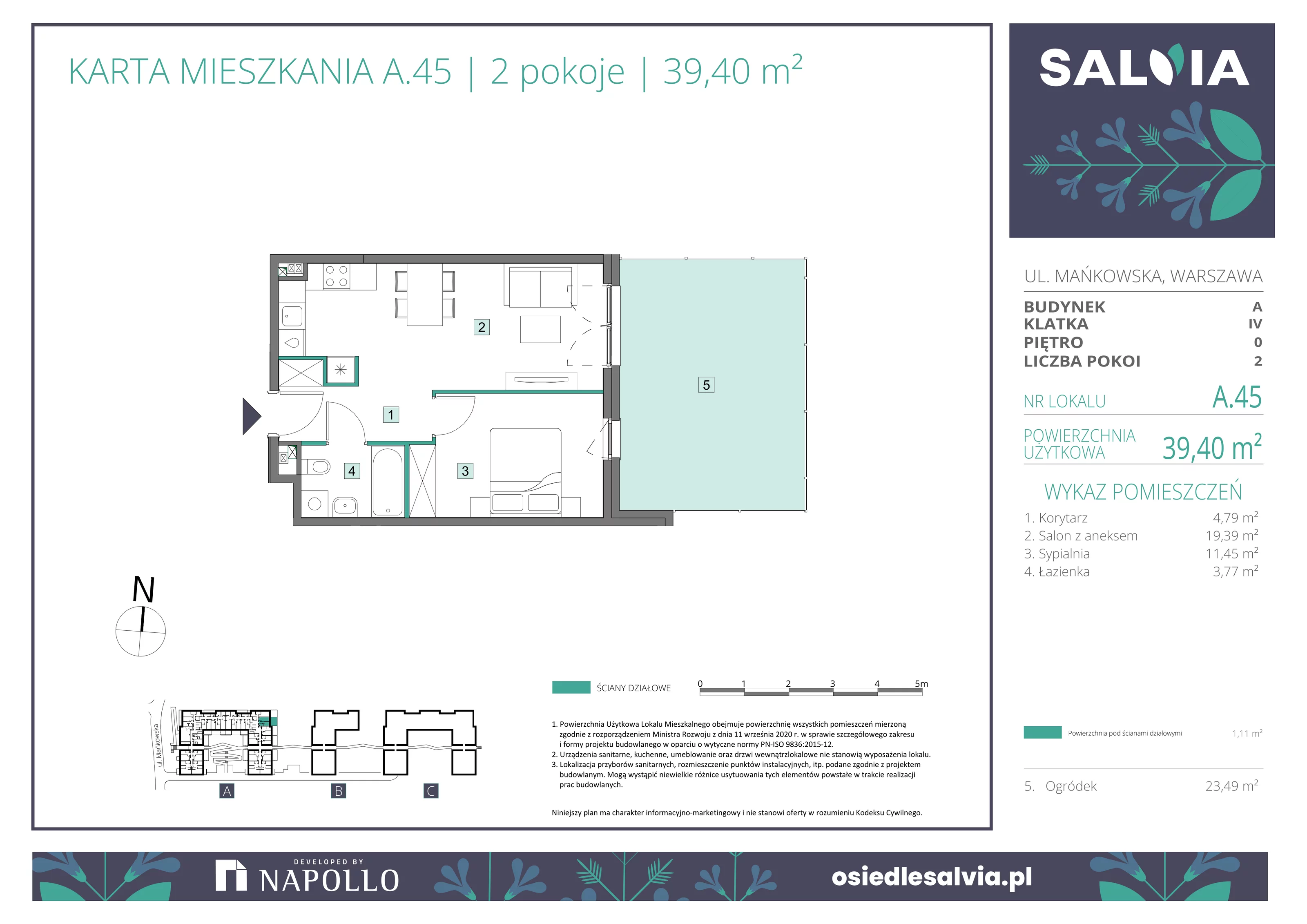 2 pokoje, mieszkanie 39,40 m², parter, oferta nr A.45, Osiedle Salvia, Warszawa, Białołęka, Kobiałka, ul. Mańkowska