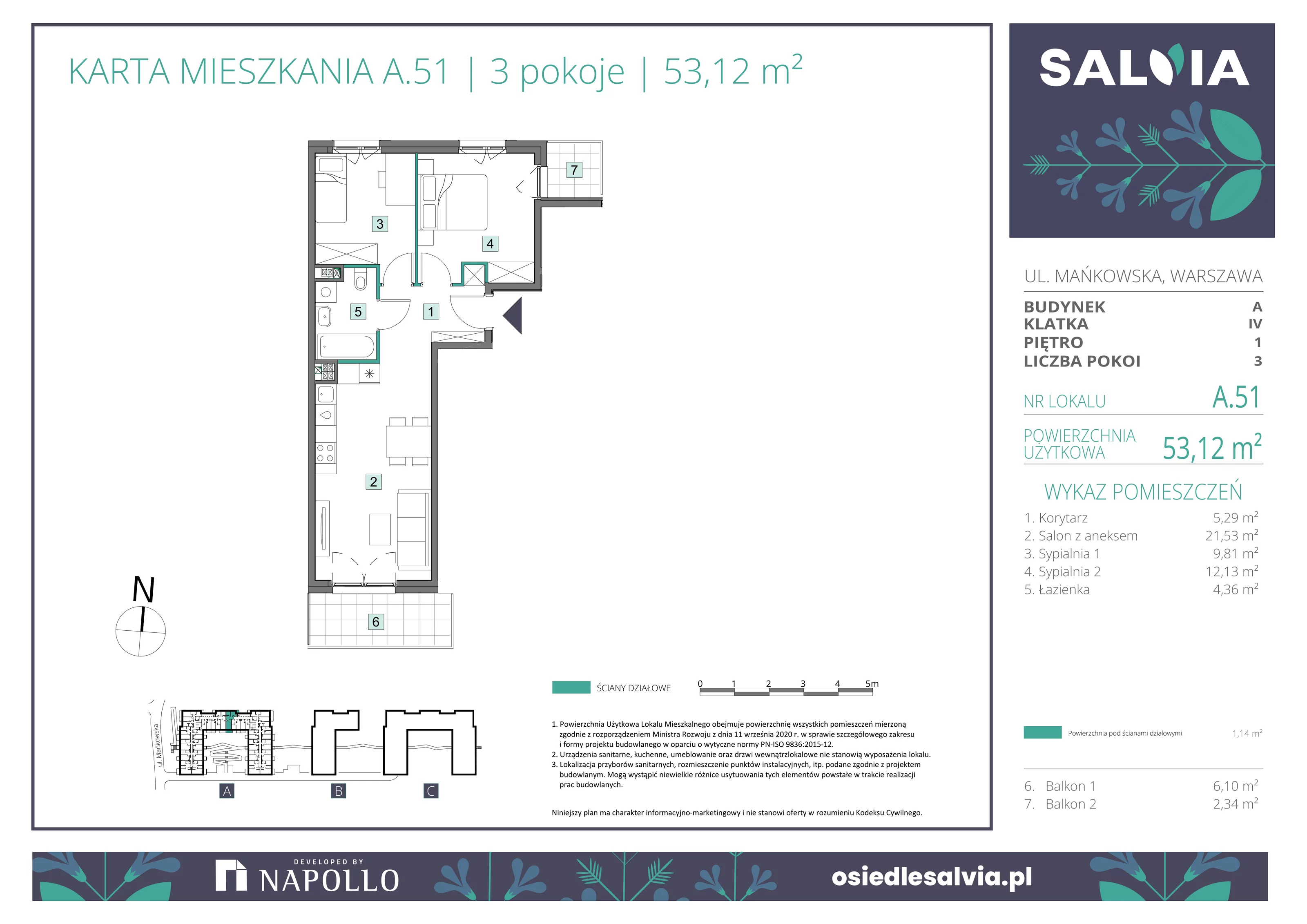 3 pokoje, mieszkanie 53,12 m², piętro 1, oferta nr A.51, Osiedle Salvia, Warszawa, Białołęka, Kobiałka, ul. Mańkowska