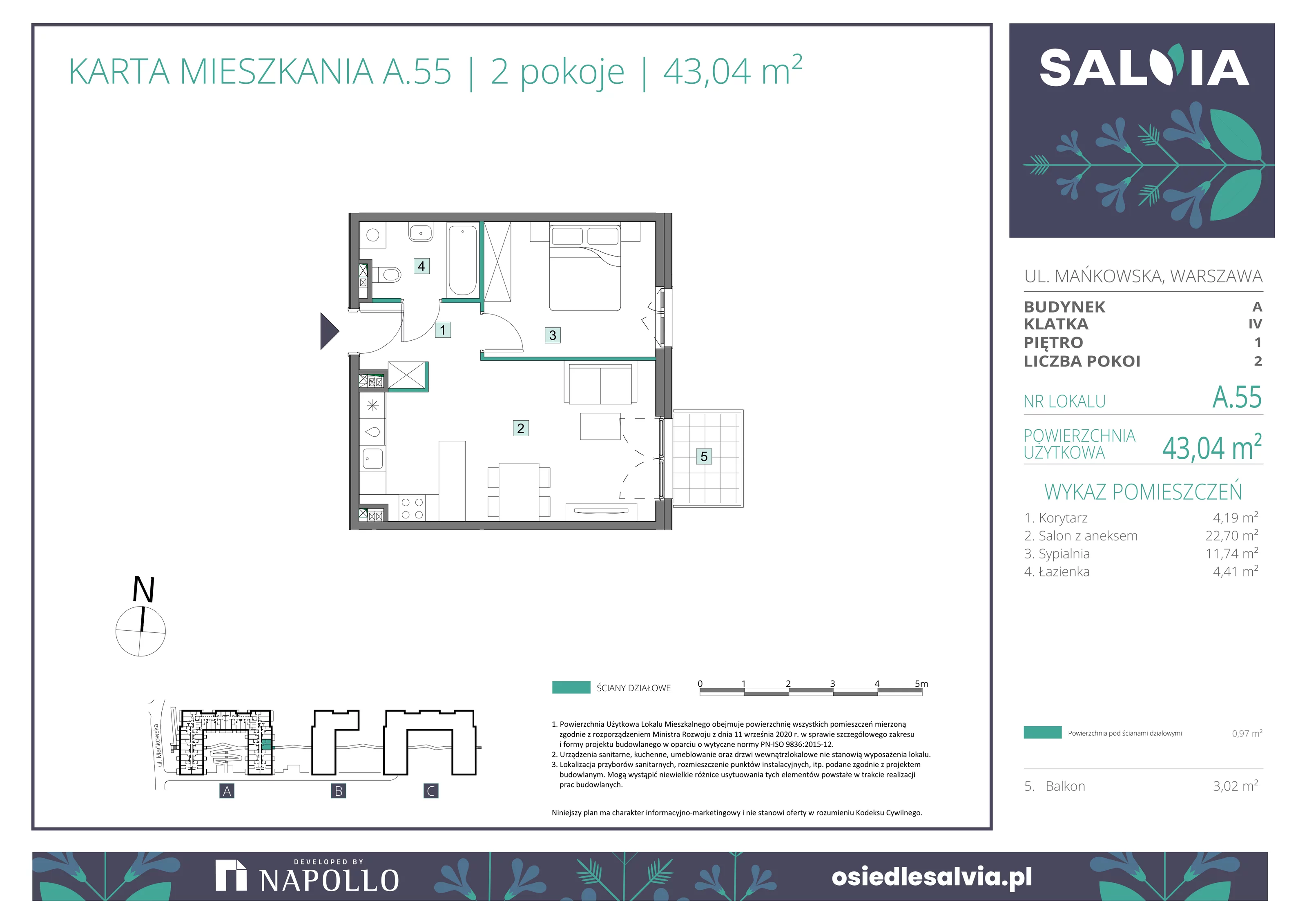 2 pokoje, mieszkanie 43,04 m², piętro 1, oferta nr A.55, Osiedle Salvia, Warszawa, Białołęka, Kobiałka, ul. Mańkowska