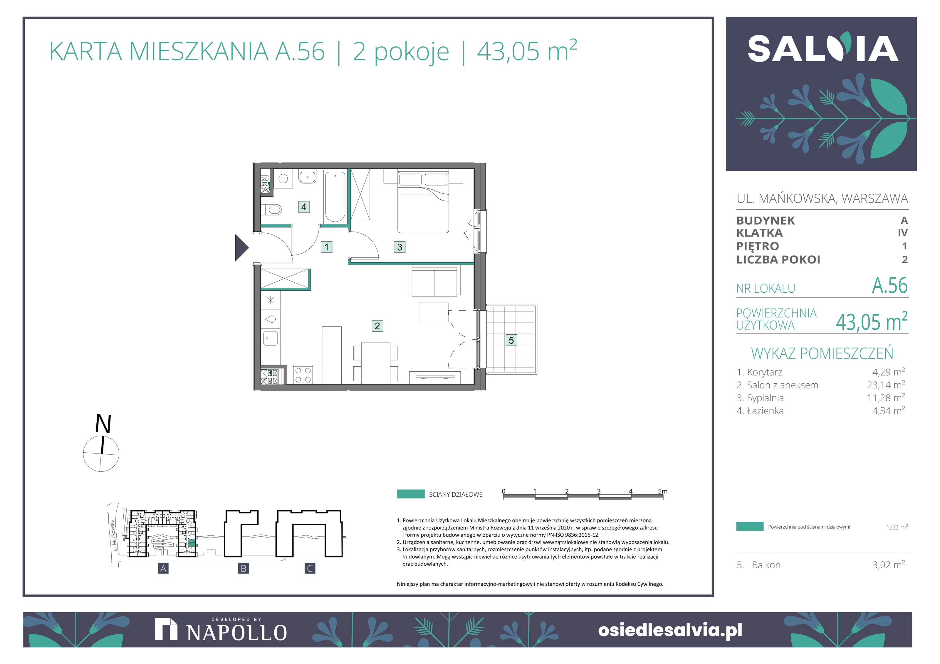 2 pokoje, mieszkanie 43,05 m², piętro 1, oferta nr A.56, Osiedle Salvia, Warszawa, Białołęka, Kobiałka, ul. Mańkowska