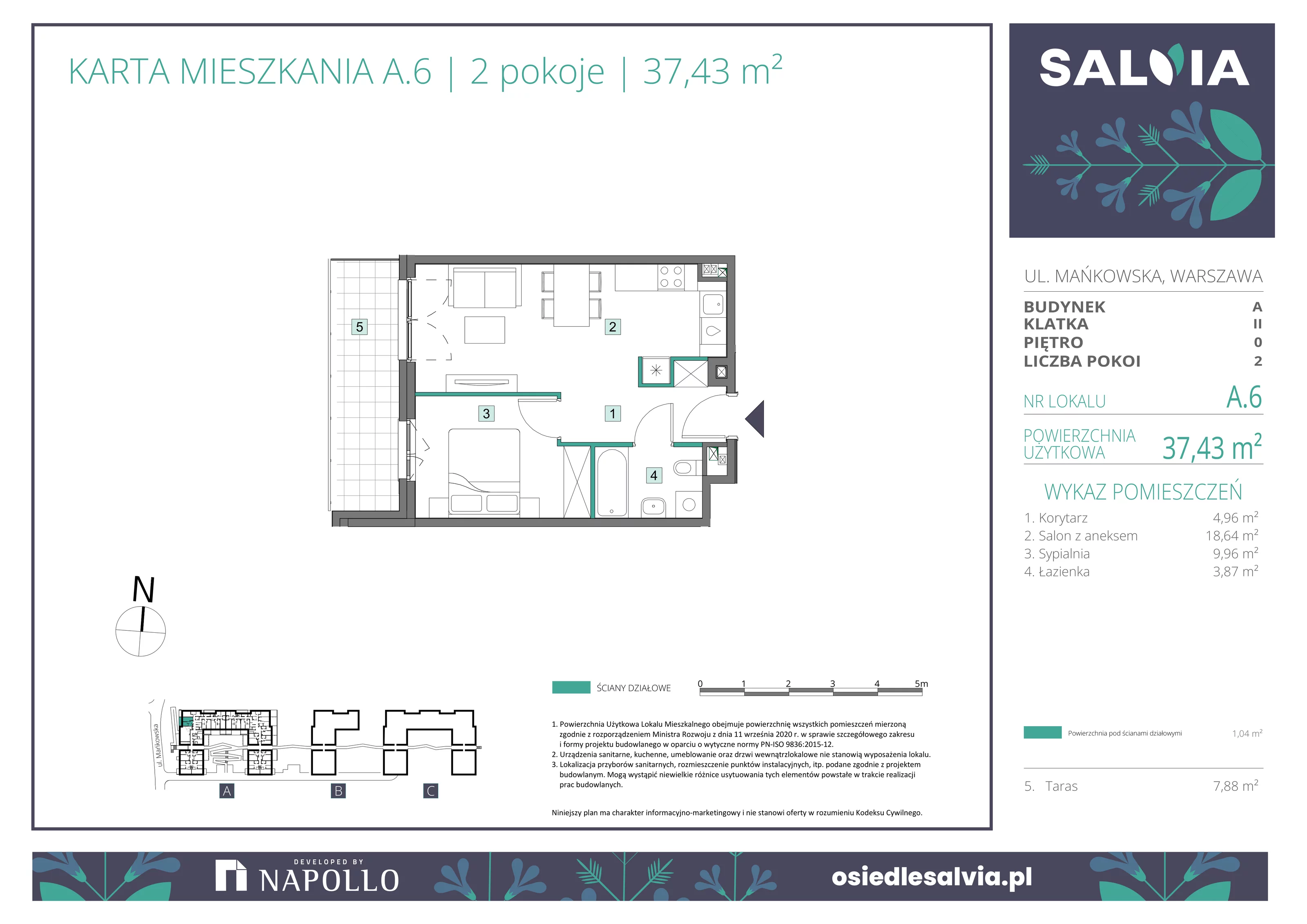 2 pokoje, mieszkanie 37,43 m², parter, oferta nr A.06, Osiedle Salvia, Warszawa, Białołęka, Kobiałka, ul. Mańkowska