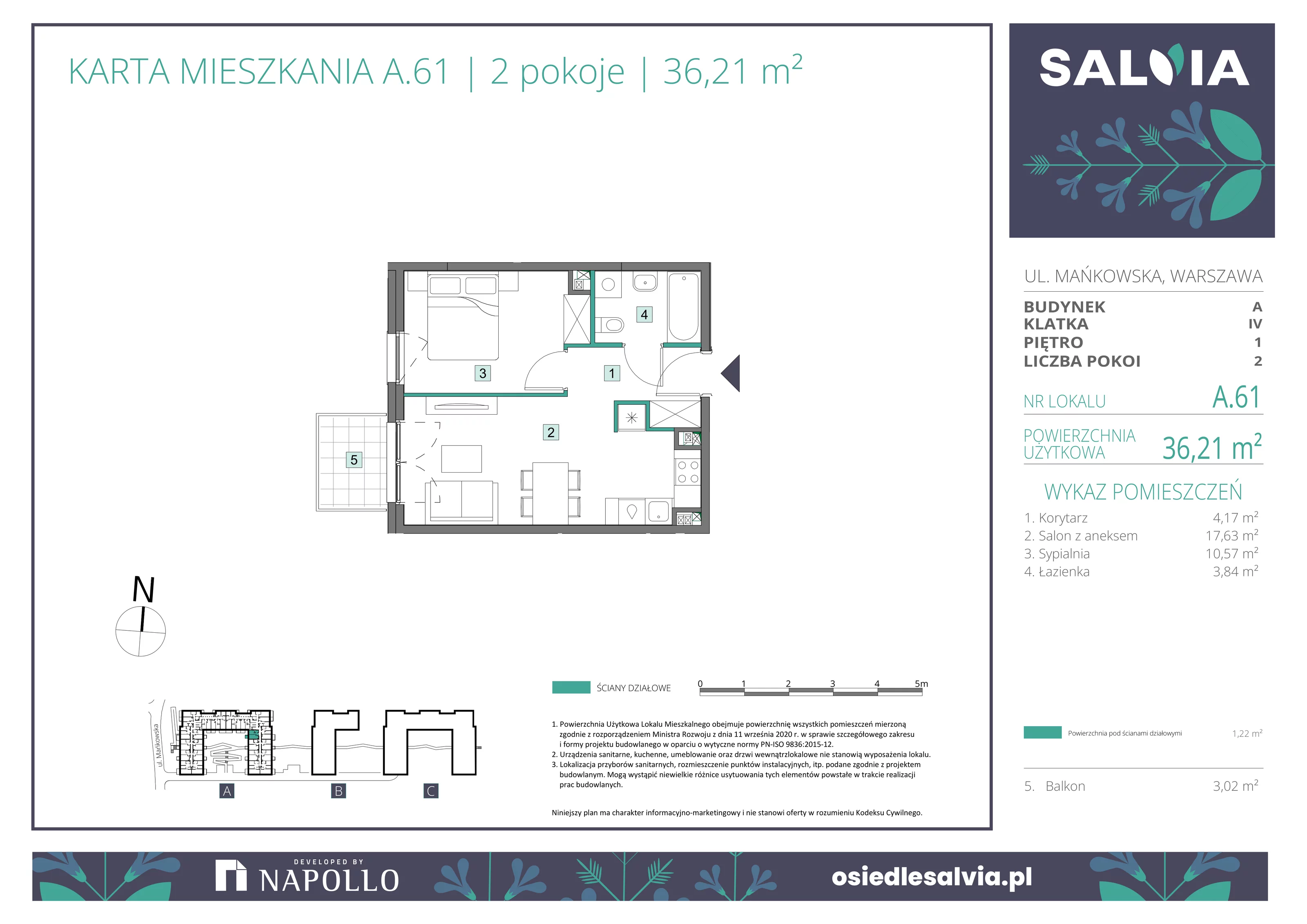 2 pokoje, mieszkanie 36,21 m², piętro 1, oferta nr A.61, Osiedle Salvia, Warszawa, Białołęka, Kobiałka, ul. Mańkowska