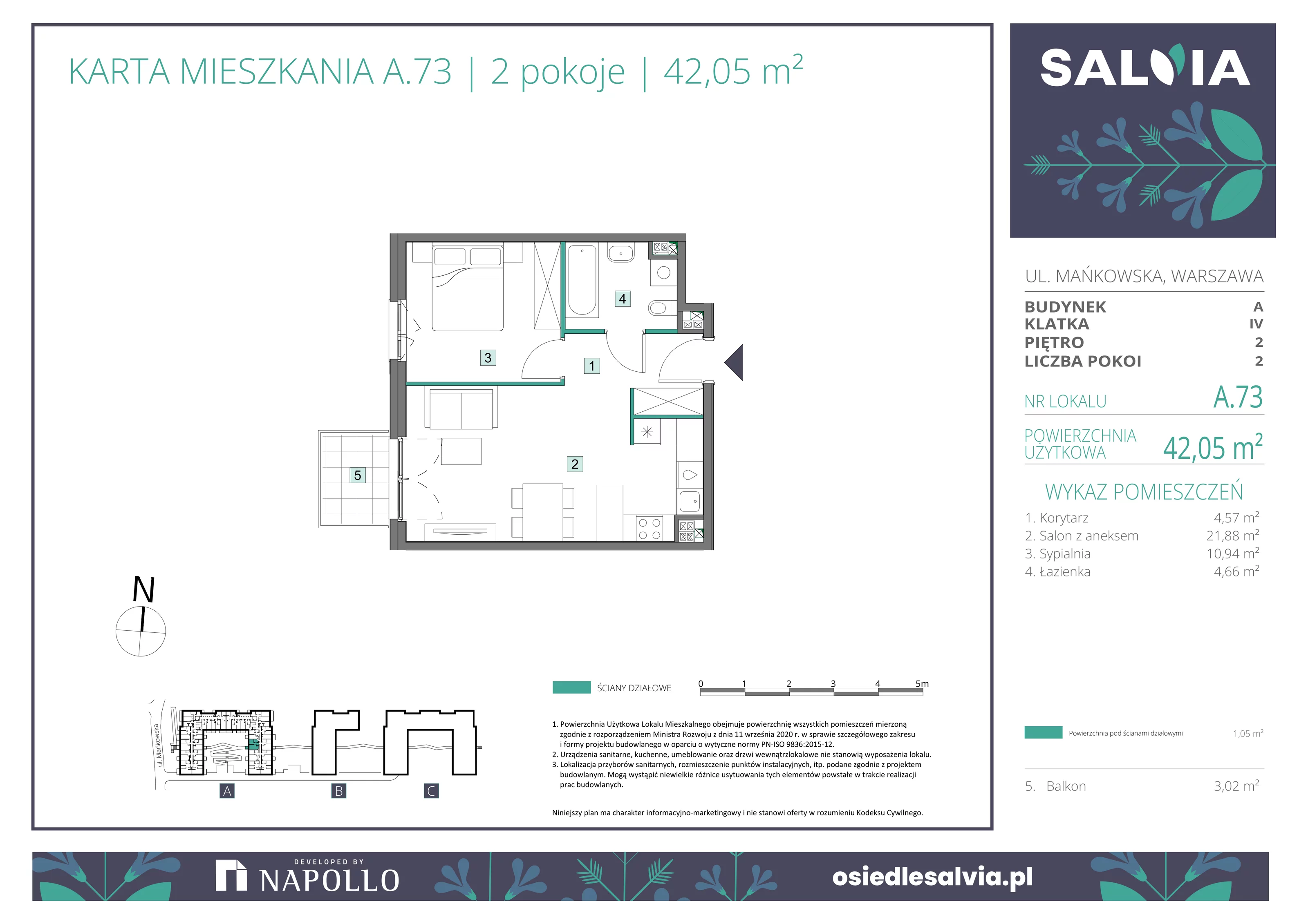2 pokoje, mieszkanie 42,05 m², piętro 2, oferta nr A.73, Osiedle Salvia, Warszawa, Białołęka, Kobiałka, ul. Mańkowska