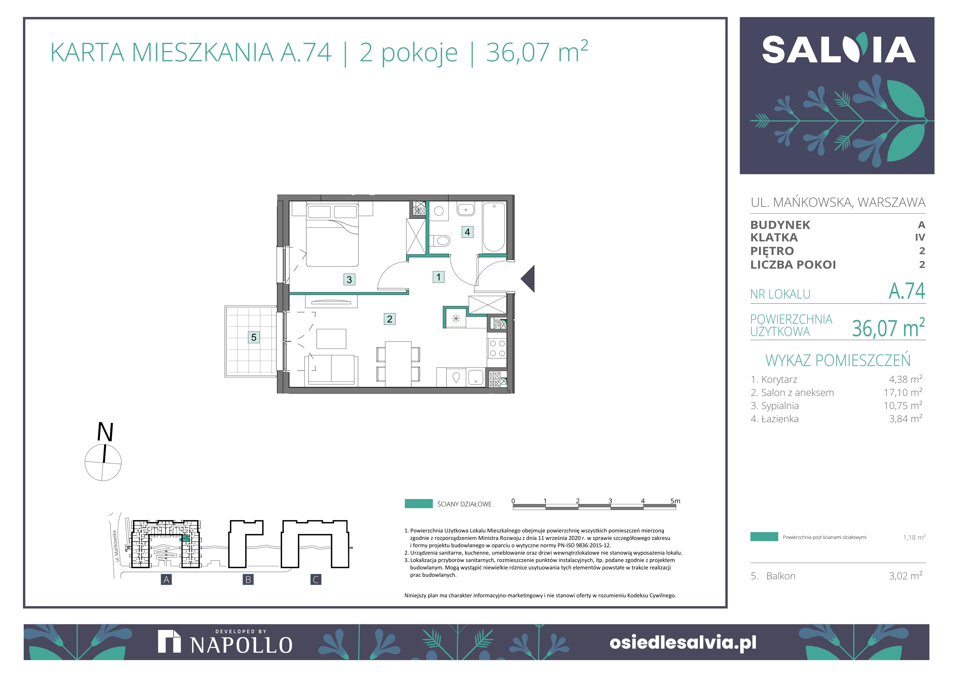 2 pokoje, mieszkanie 36,07 m², piętro 2, oferta nr A.74, Osiedle Salvia, Warszawa, Białołęka, Kobiałka, ul. Mańkowska