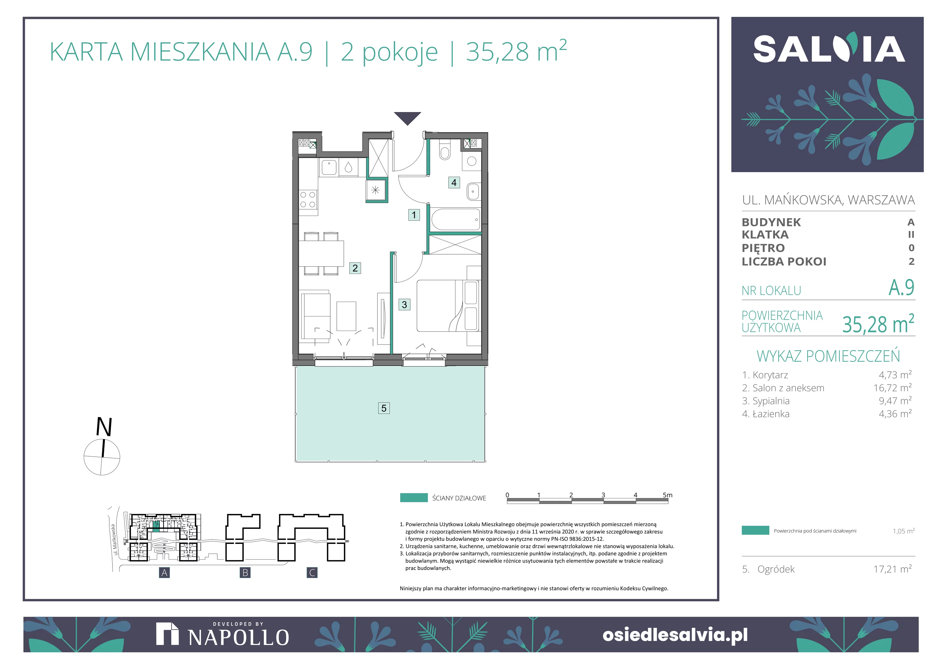 2 pokoje, mieszkanie 35,28 m², parter, oferta nr A.09, Osiedle Salvia, Warszawa, Białołęka, Kobiałka, ul. Mańkowska