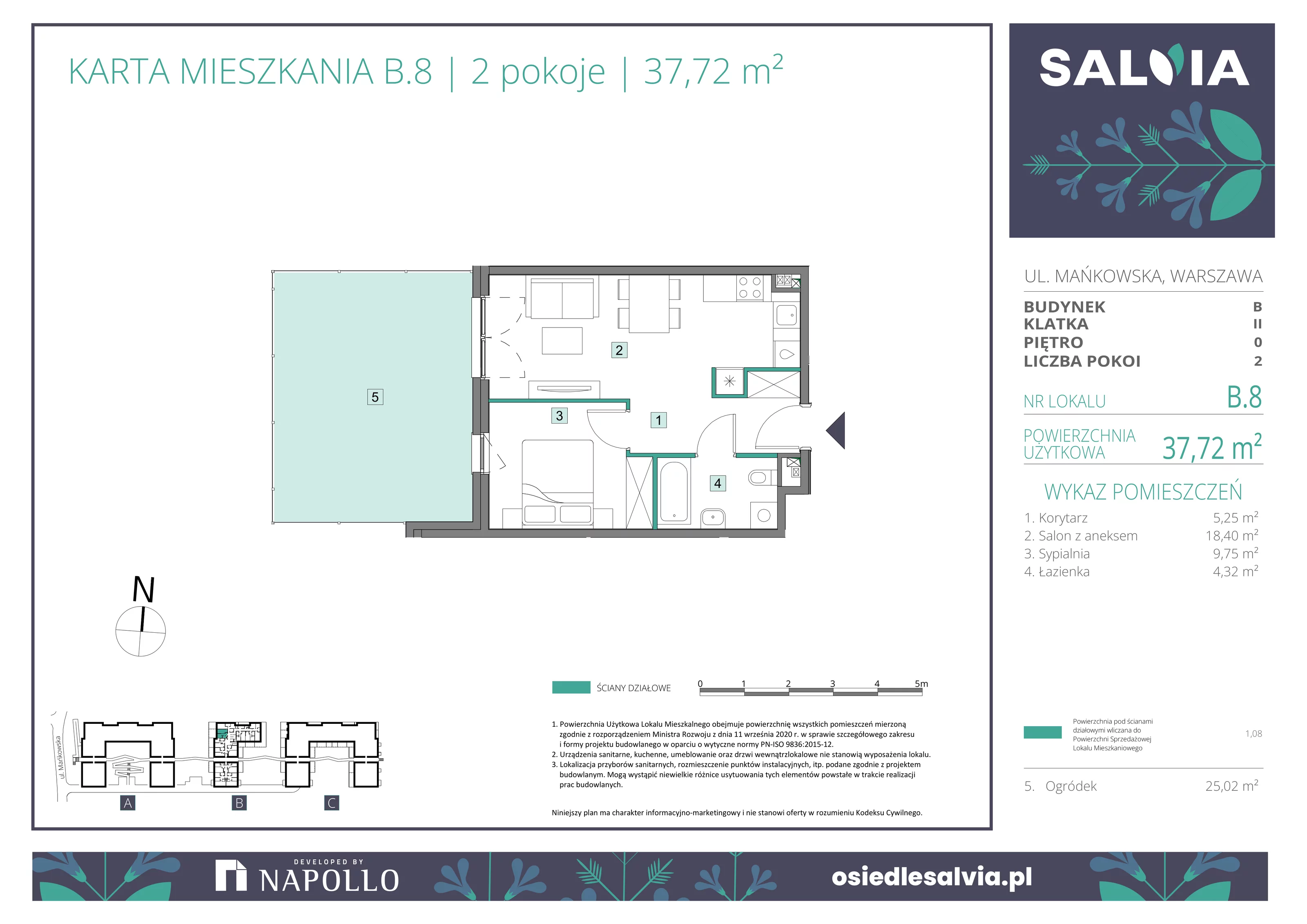 2 pokoje, mieszkanie 37,72 m², parter, oferta nr B.08, Osiedle Salvia, Warszawa, Białołęka, Kobiałka, ul. Mańkowska