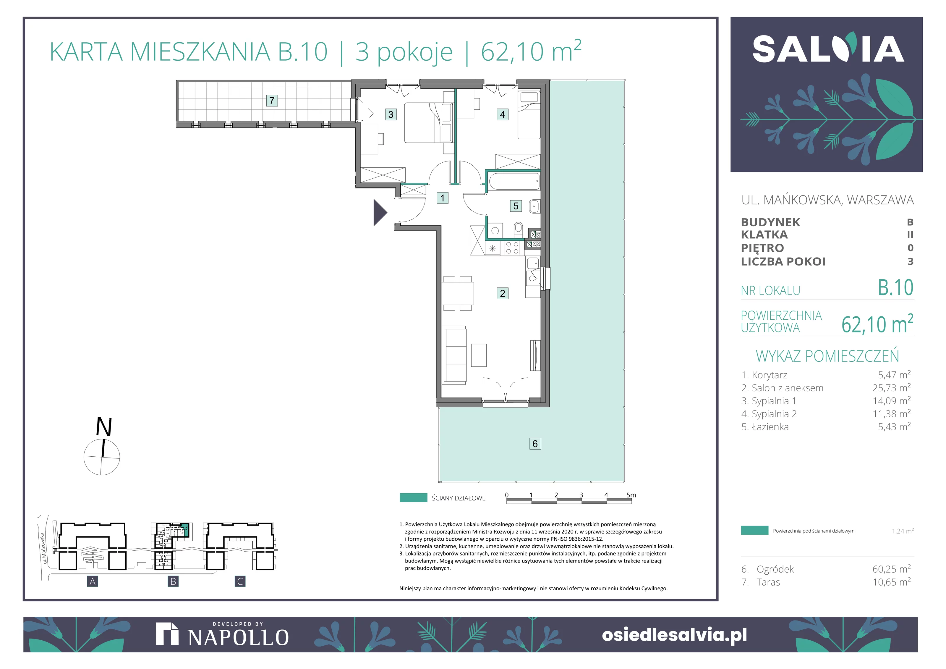 3 pokoje, mieszkanie 62,10 m², parter, oferta nr B.10, Osiedle Salvia, Warszawa, Białołęka, Kobiałka, ul. Mańkowska