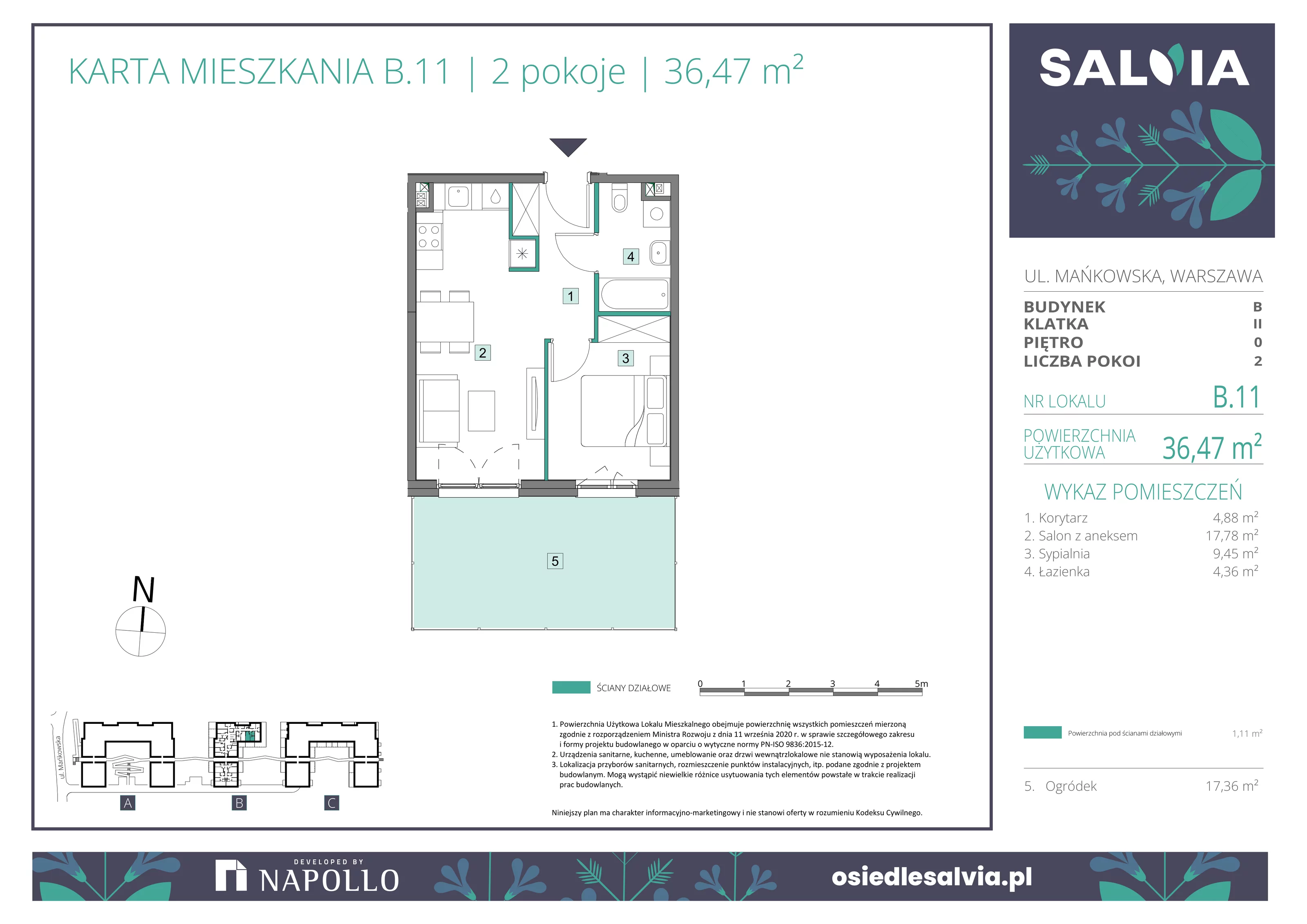 2 pokoje, mieszkanie 36,47 m², parter, oferta nr B.11, Osiedle Salvia, Warszawa, Białołęka, Kobiałka, ul. Mańkowska