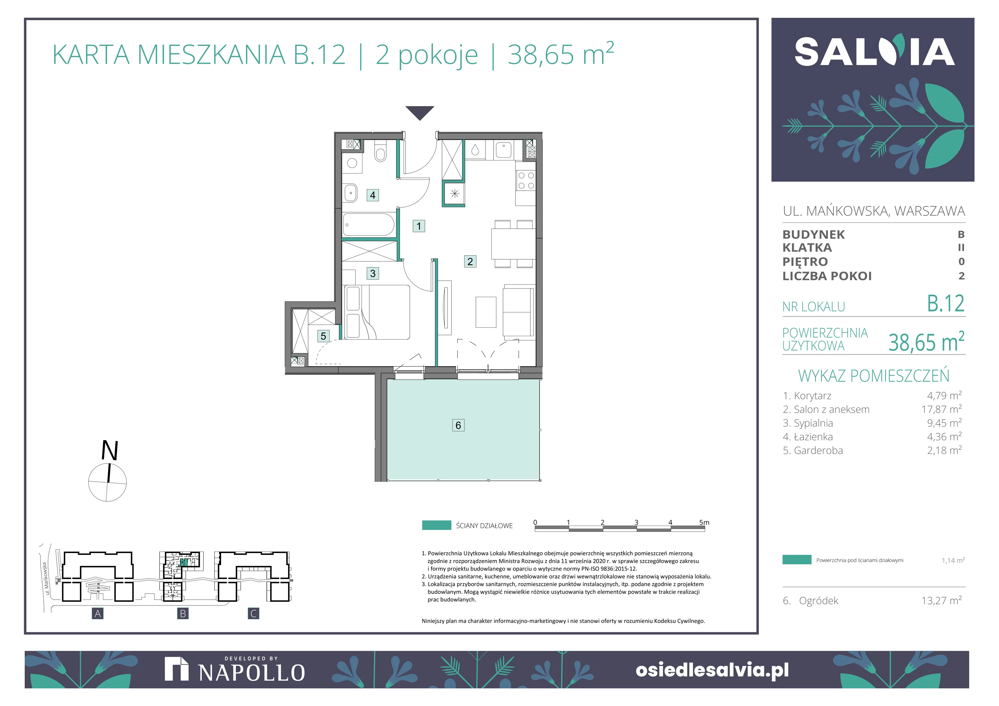 2 pokoje, mieszkanie 38,65 m², parter, oferta nr B.12, Osiedle Salvia, Warszawa, Białołęka, Kobiałka, ul. Mańkowska
