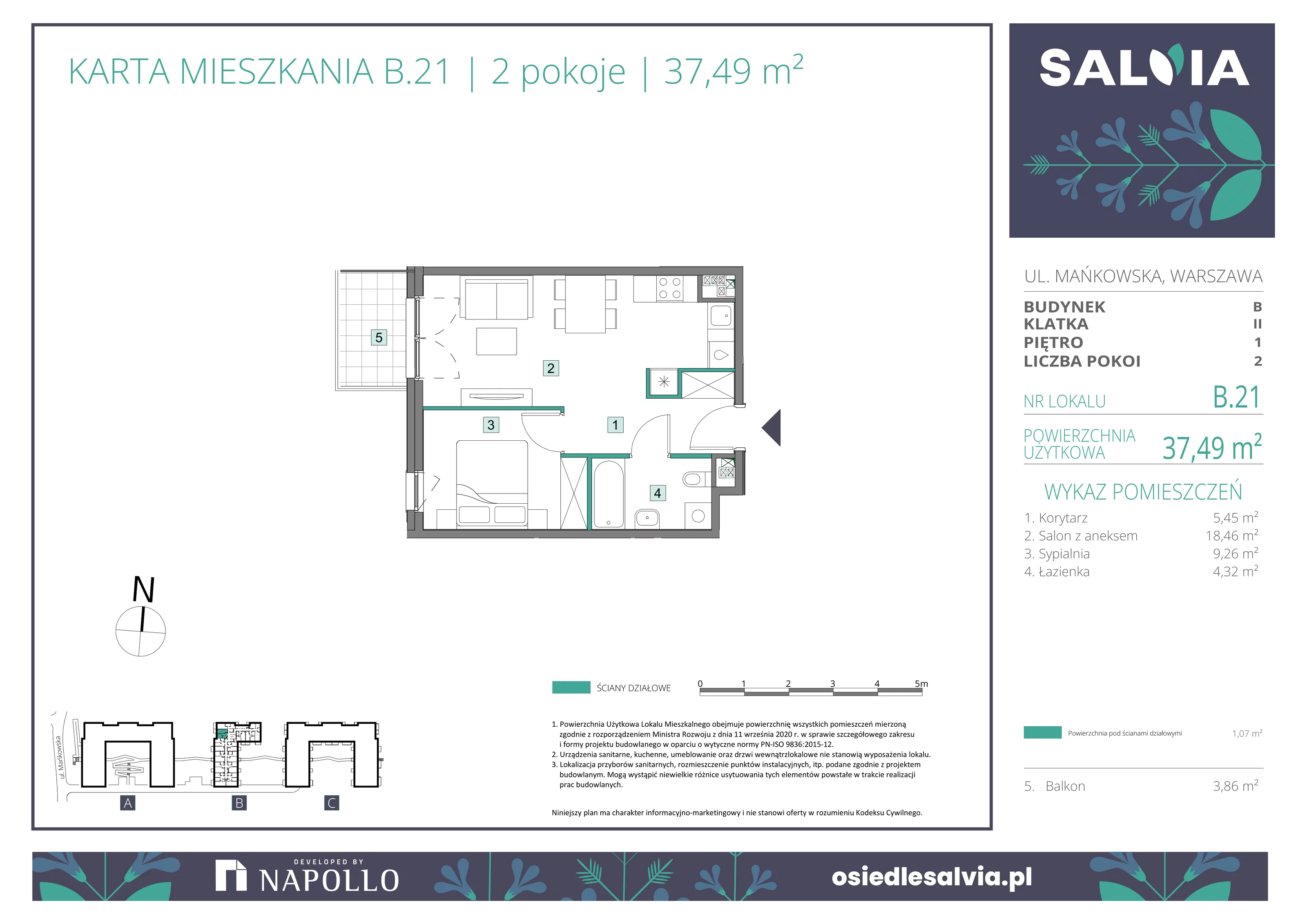 2 pokoje, mieszkanie 37,49 m², piętro 1, oferta nr B.21, Osiedle Salvia, Warszawa, Białołęka, Kobiałka, ul. Mańkowska
