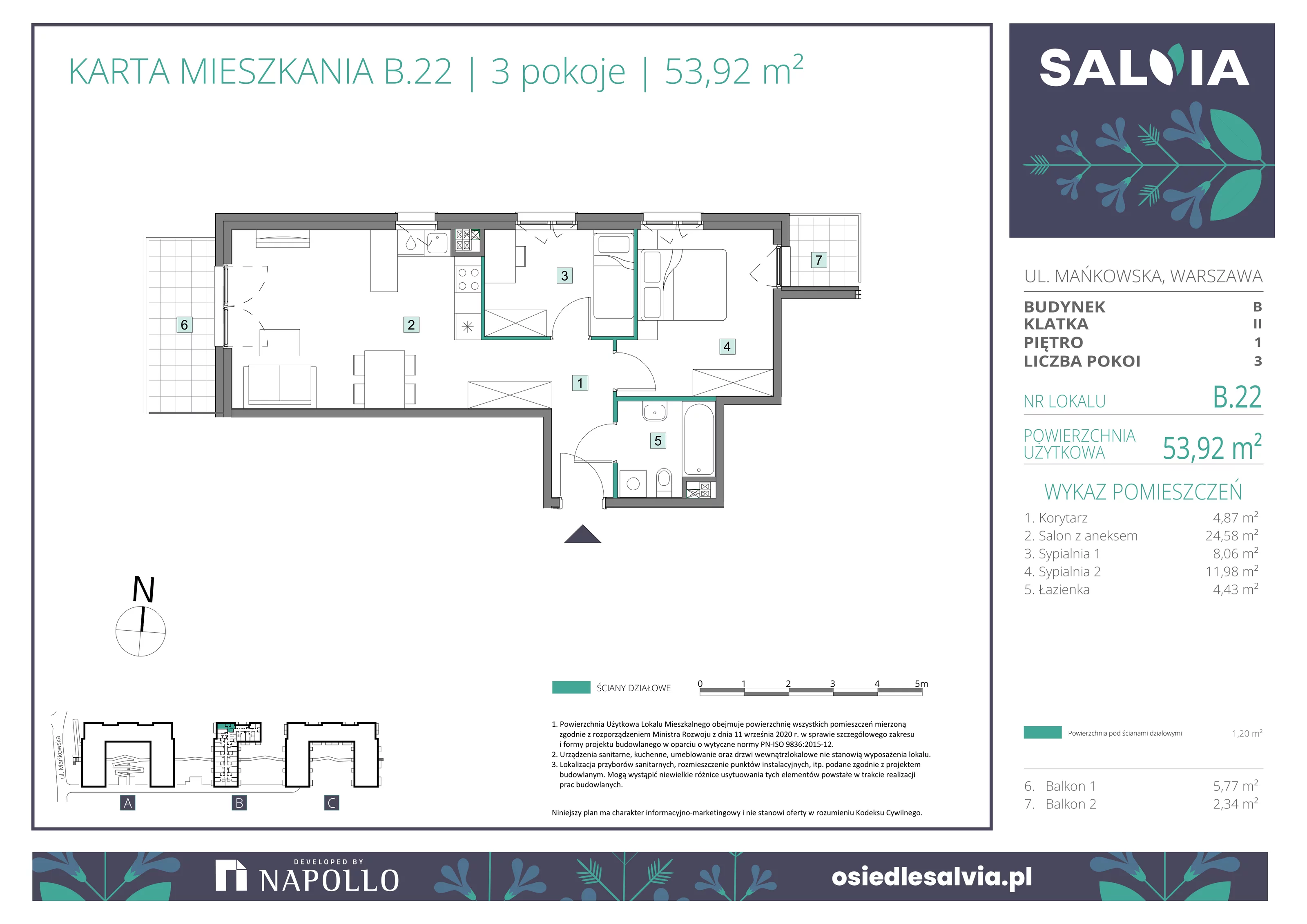 3 pokoje, mieszkanie 53,92 m², piętro 1, oferta nr B.22, Osiedle Salvia, Warszawa, Białołęka, Kobiałka, ul. Mańkowska