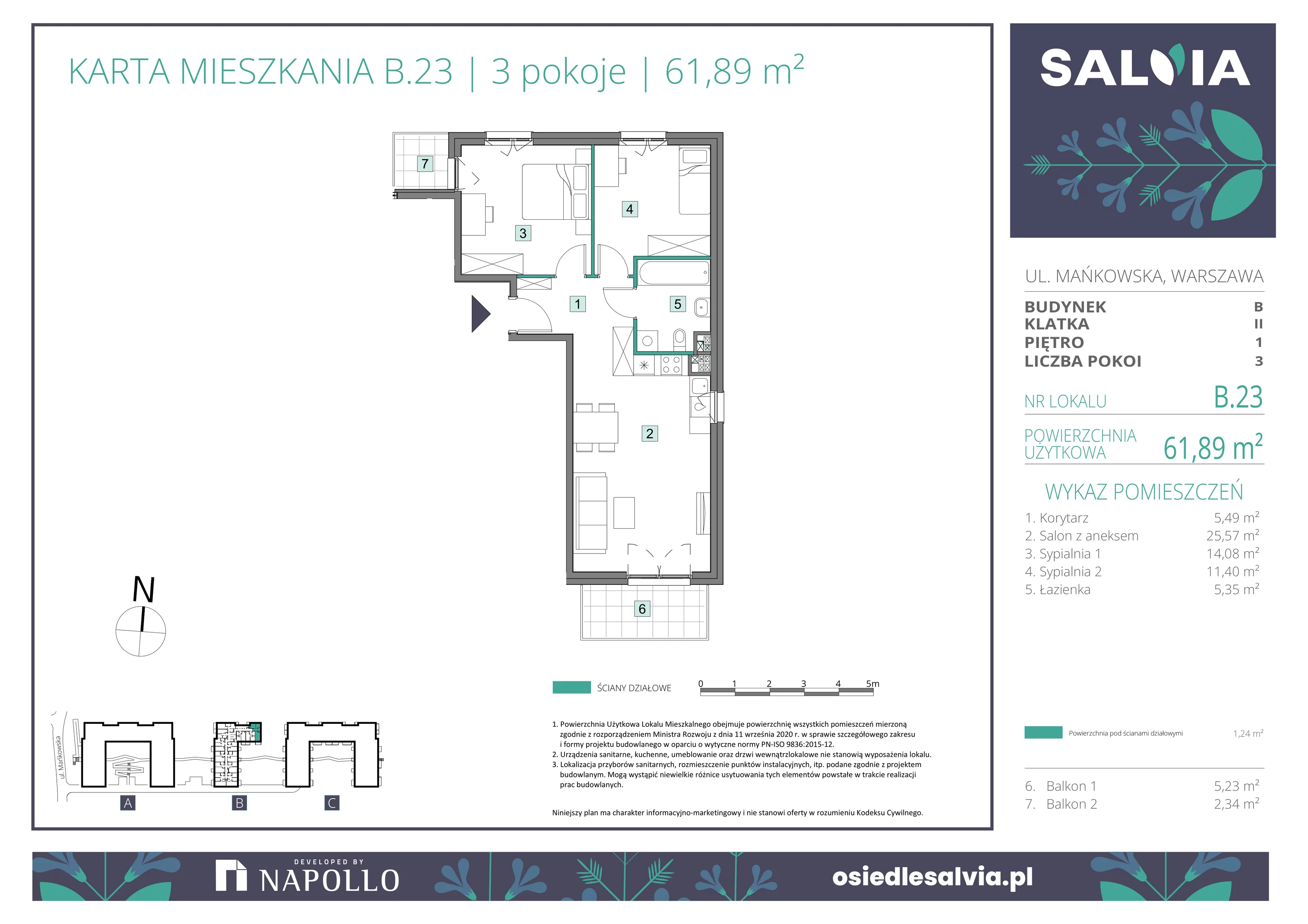 3 pokoje, mieszkanie 61,89 m², piętro 1, oferta nr B.23, Osiedle Salvia, Warszawa, Białołęka, Kobiałka, ul. Mańkowska