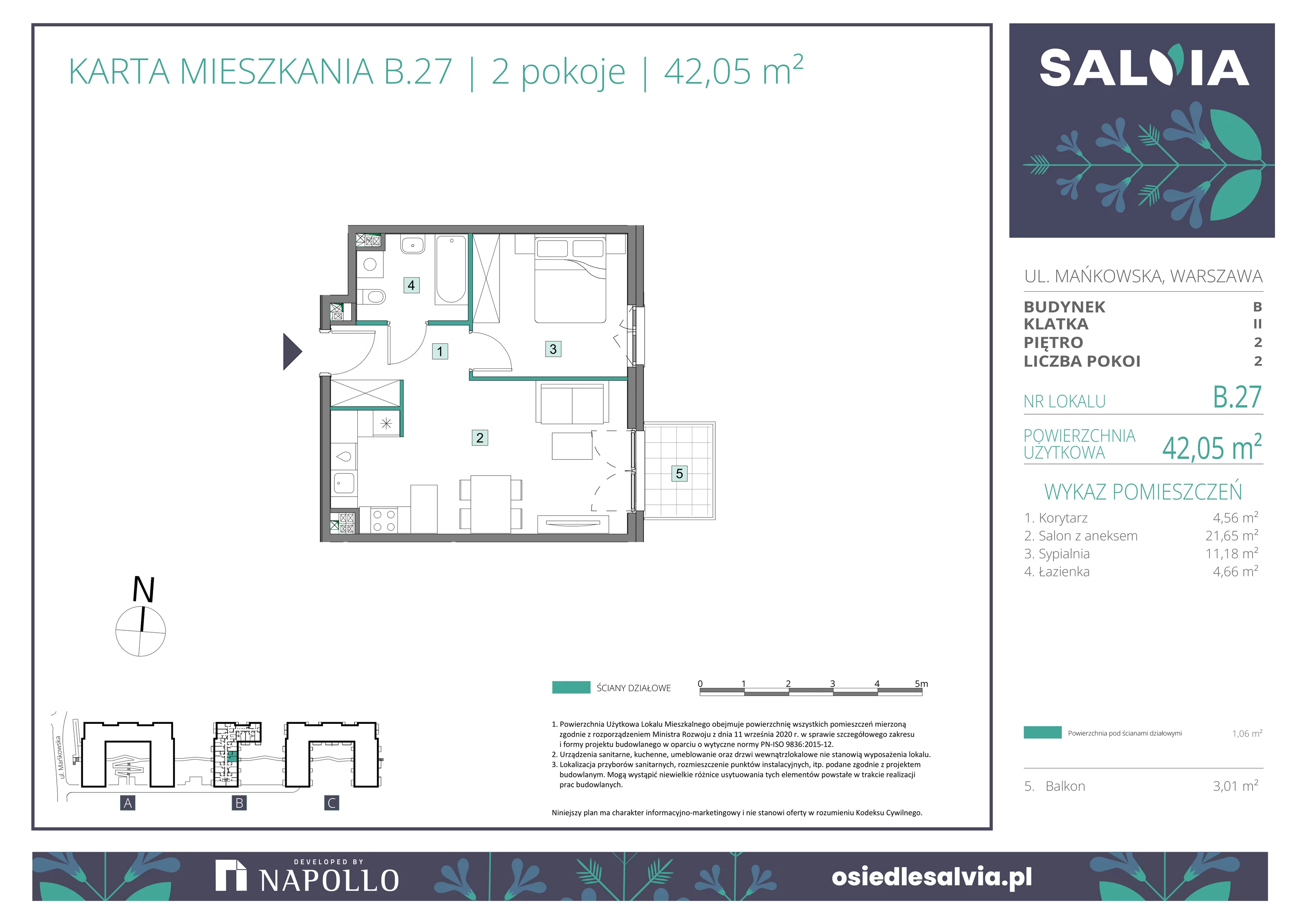 2 pokoje, mieszkanie 42,05 m², piętro 2, oferta nr B.27, Osiedle Salvia, Warszawa, Białołęka, Kobiałka, ul. Mańkowska