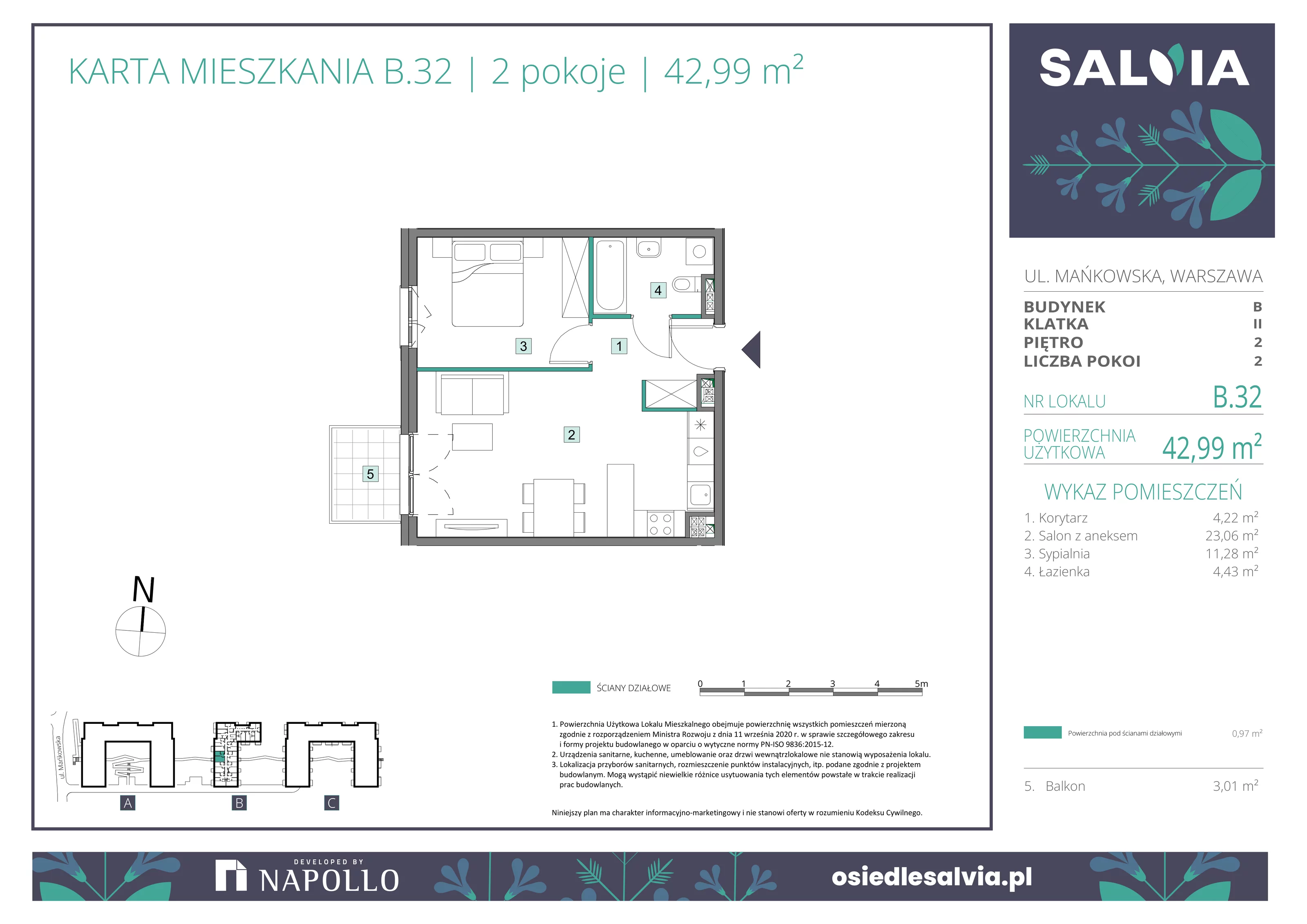 2 pokoje, mieszkanie 42,99 m², piętro 2, oferta nr B.32, Osiedle Salvia, Warszawa, Białołęka, Kobiałka, ul. Mańkowska