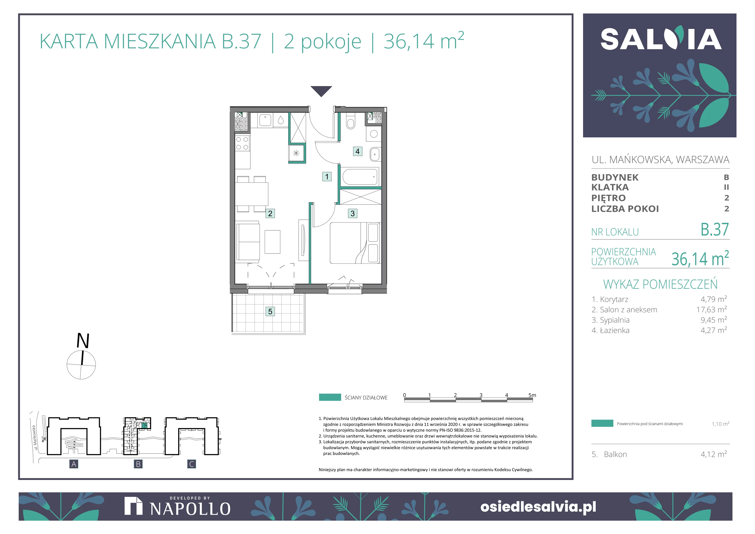 2 pokoje, mieszkanie 36,14 m², piętro 2, oferta nr B.37, Osiedle Salvia, Warszawa, Białołęka, Kobiałka, ul. Mańkowska