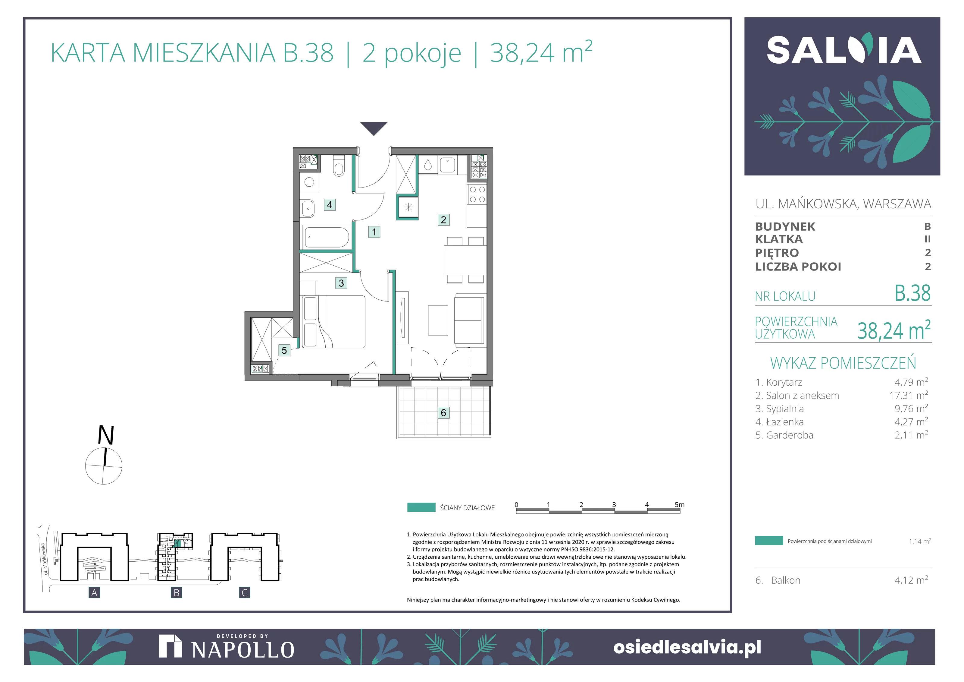 2 pokoje, mieszkanie 38,24 m², piętro 2, oferta nr B.38, Osiedle Salvia, Warszawa, Białołęka, Kobiałka, ul. Mańkowska
