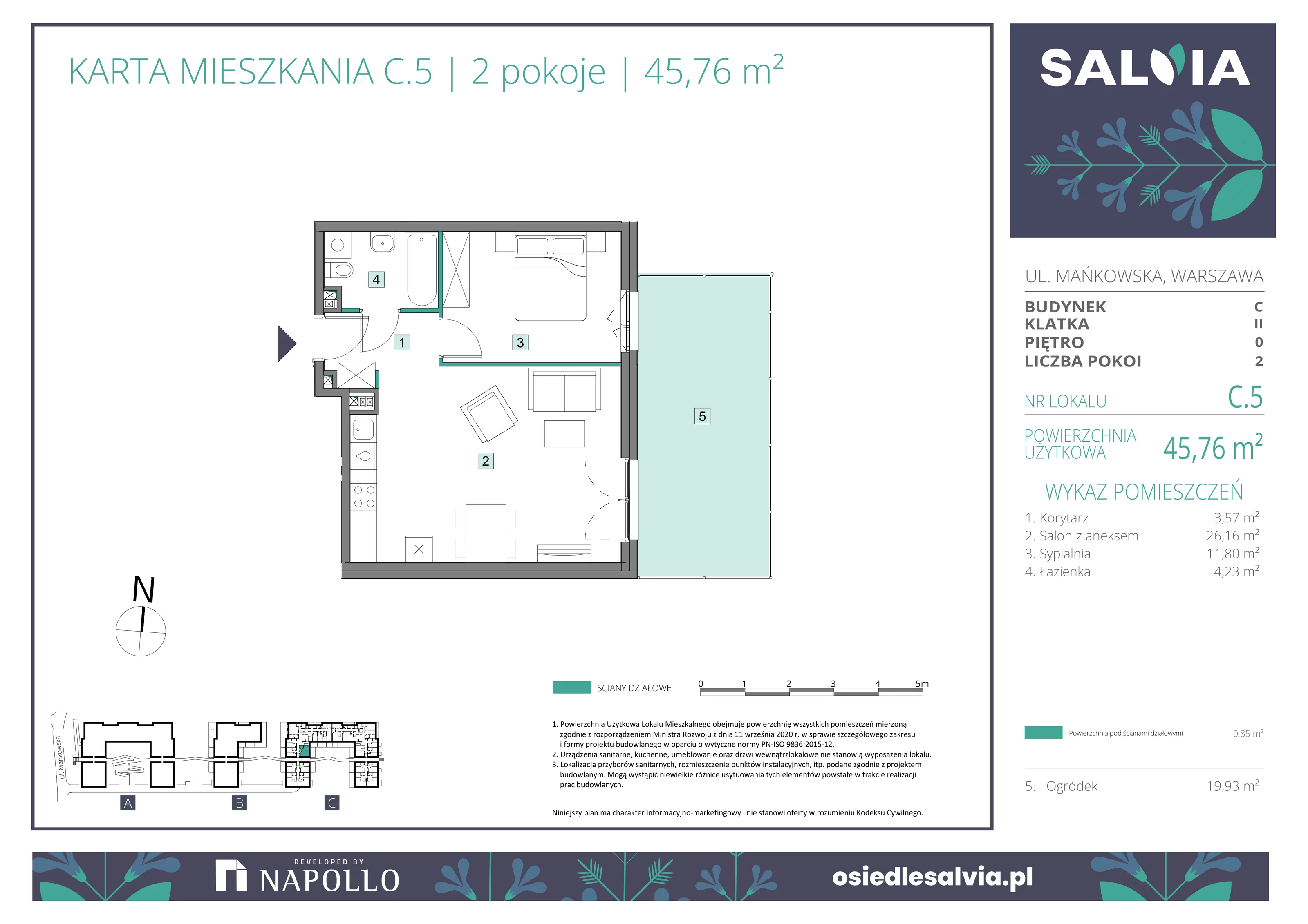 2 pokoje, mieszkanie 45,76 m², parter, oferta nr C.05, Osiedle Salvia, Warszawa, Białołęka, Kobiałka, ul. Mańkowska