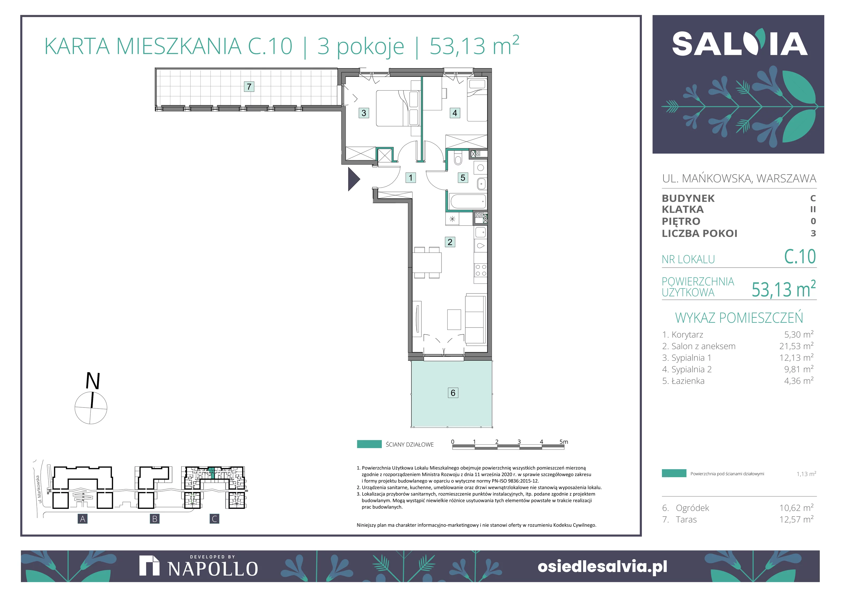 3 pokoje, mieszkanie 53,13 m², parter, oferta nr C.10, Osiedle Salvia, Warszawa, Białołęka, Kobiałka, ul. Mańkowska