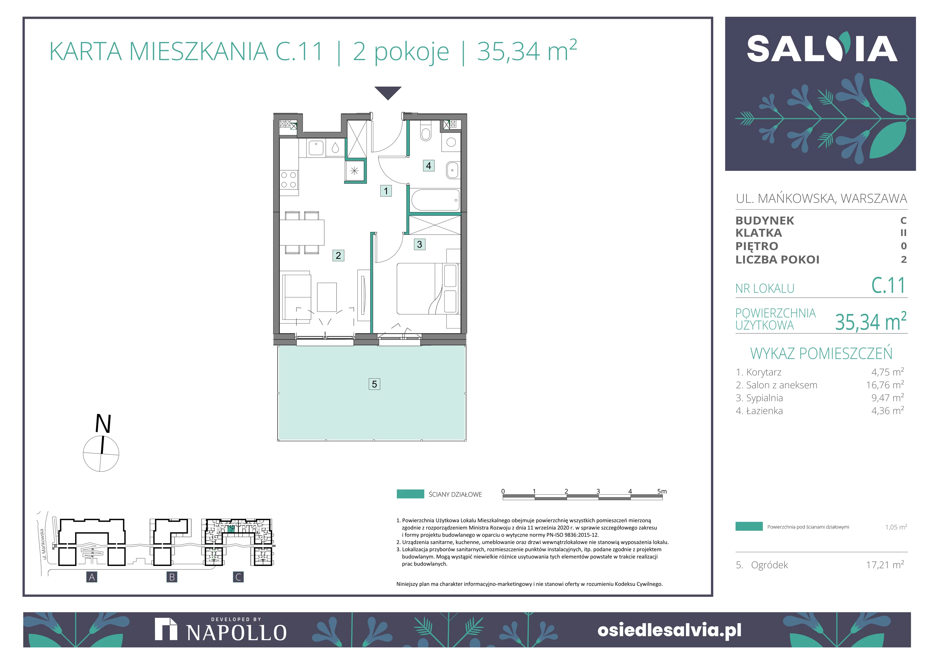 2 pokoje, mieszkanie 35,34 m², parter, oferta nr C.11, Osiedle Salvia, Warszawa, Białołęka, Kobiałka, ul. Mańkowska
