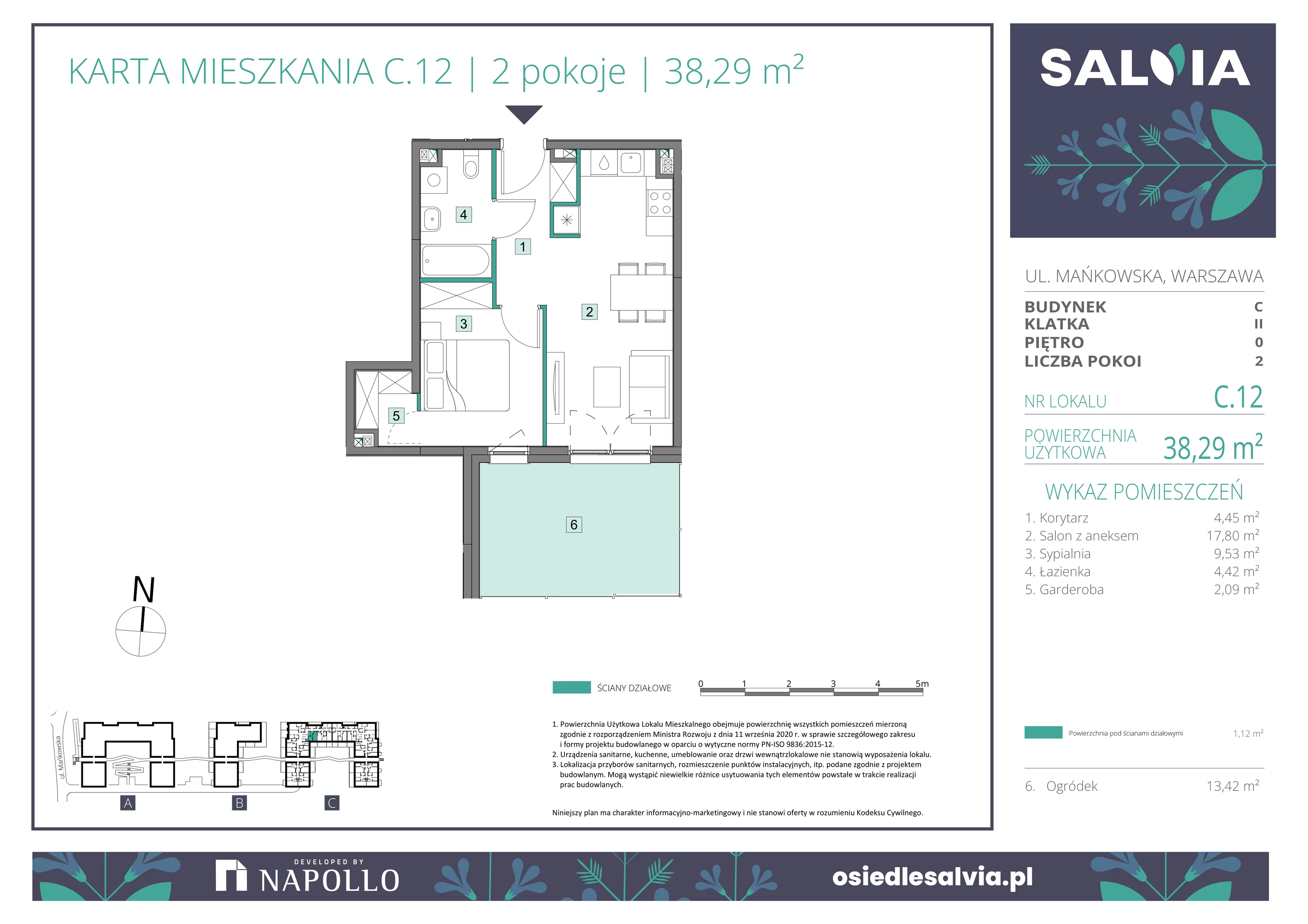 2 pokoje, mieszkanie 38,29 m², parter, oferta nr C.12, Osiedle Salvia, Warszawa, Białołęka, Kobiałka, ul. Mańkowska