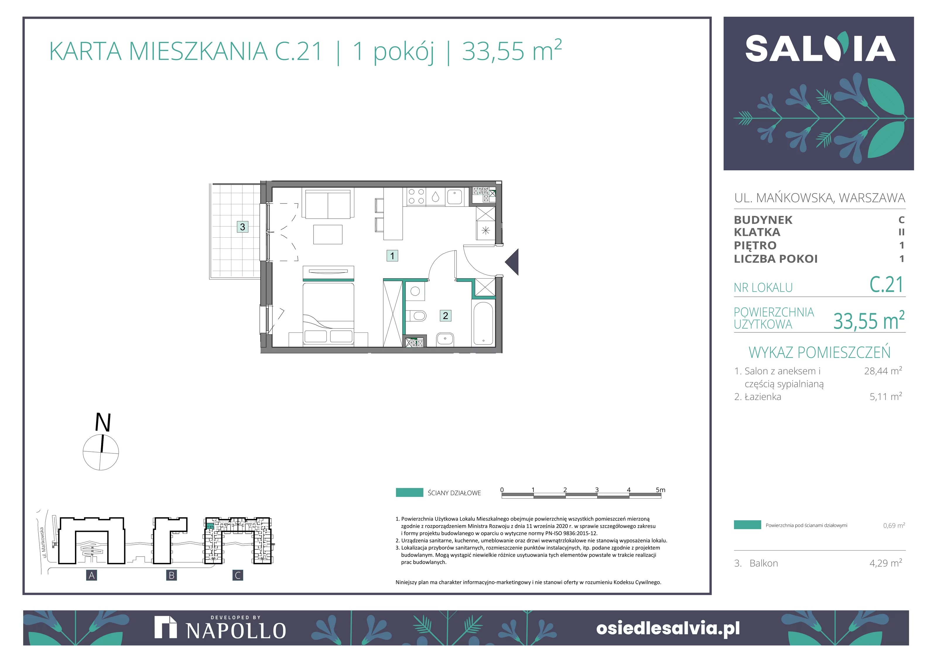 1 pokój, mieszkanie 33,55 m², piętro 1, oferta nr C.21, Osiedle Salvia, Warszawa, Białołęka, Kobiałka, ul. Mańkowska