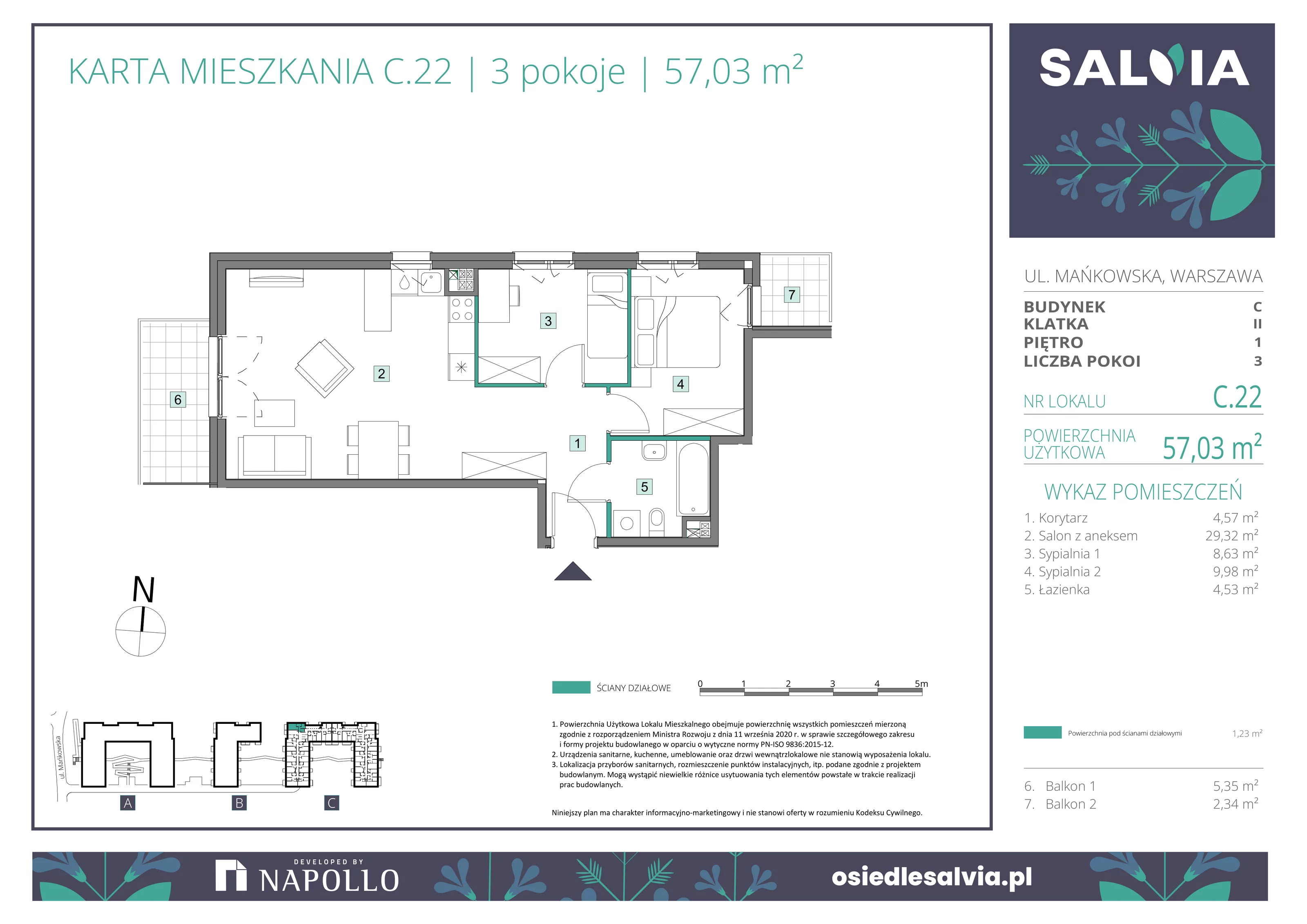 3 pokoje, mieszkanie 57,03 m², piętro 1, oferta nr C.22, Osiedle Salvia, Warszawa, Białołęka, Kobiałka, ul. Mańkowska