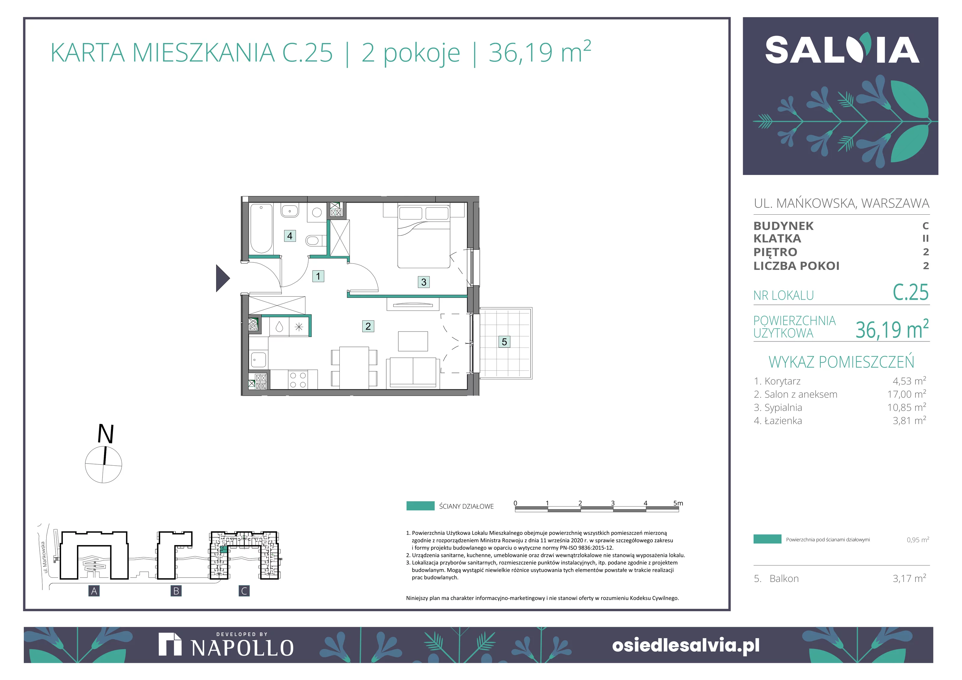 2 pokoje, mieszkanie 36,19 m², piętro 2, oferta nr C.25, Osiedle Salvia, Warszawa, Białołęka, Kobiałka, ul. Mańkowska