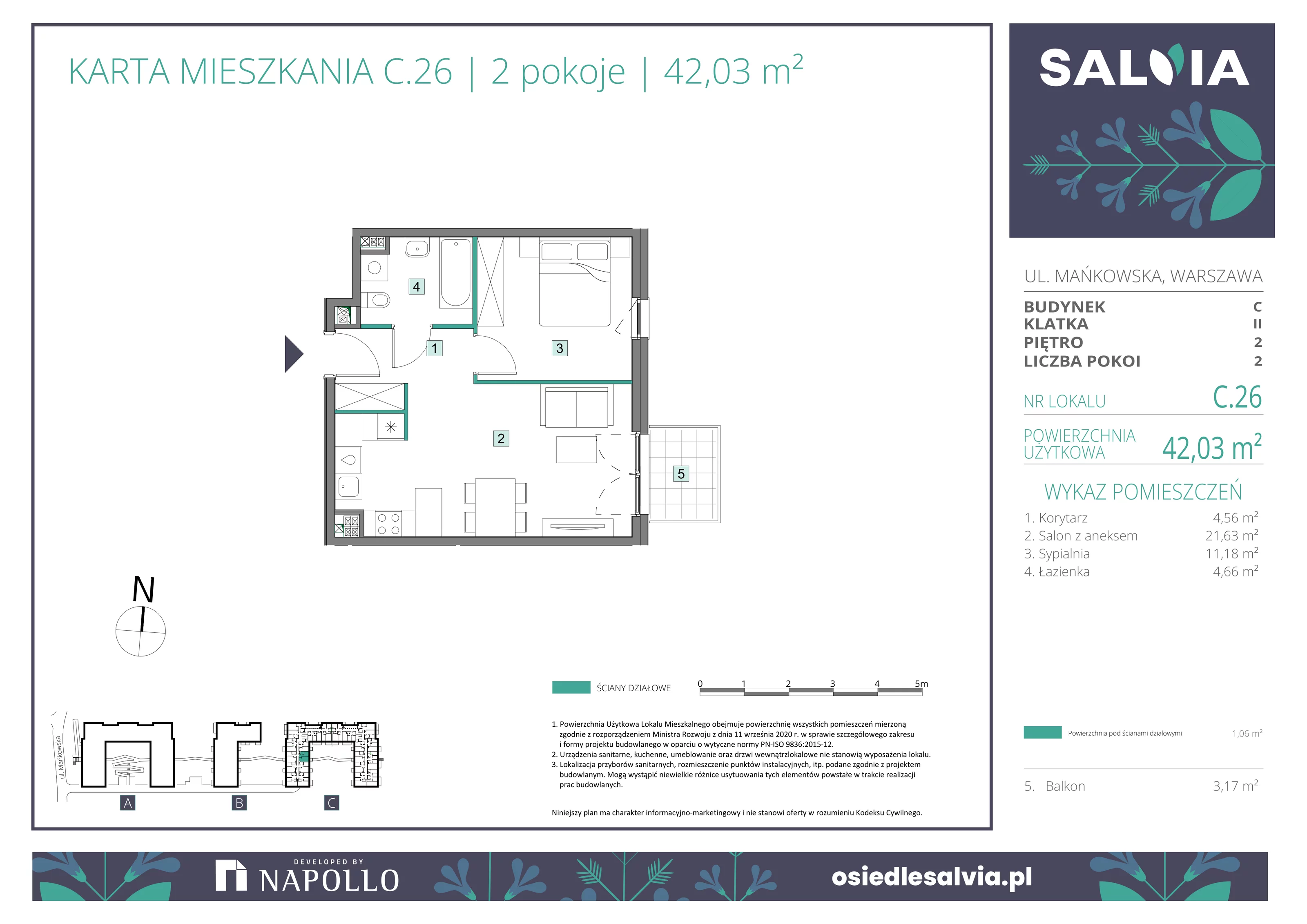 2 pokoje, mieszkanie 42,03 m², piętro 2, oferta nr C.26, Osiedle Salvia, Warszawa, Białołęka, Kobiałka, ul. Mańkowska