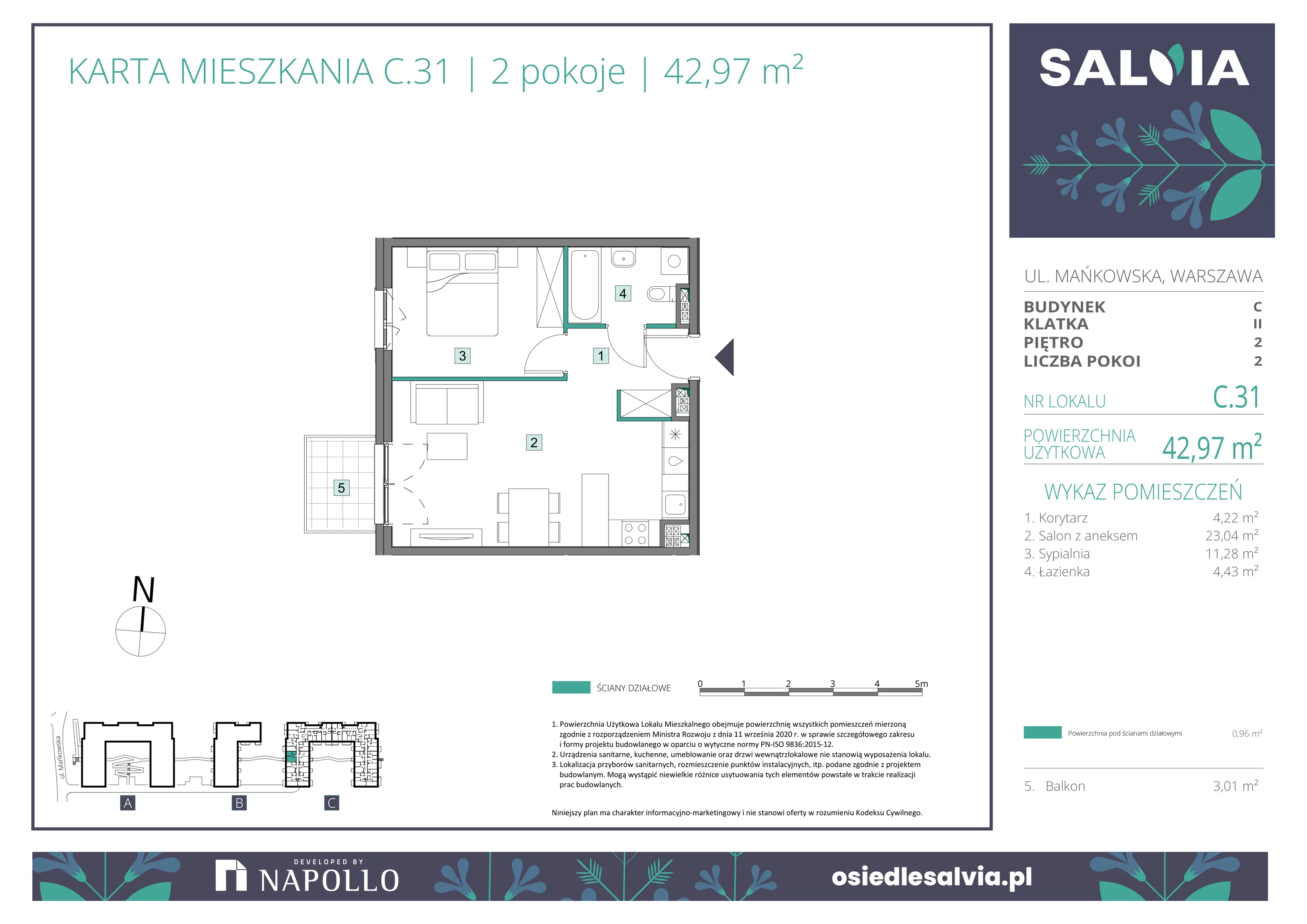 2 pokoje, mieszkanie 42,97 m², piętro 2, oferta nr C.31, Osiedle Salvia, Warszawa, Białołęka, Kobiałka, ul. Mańkowska