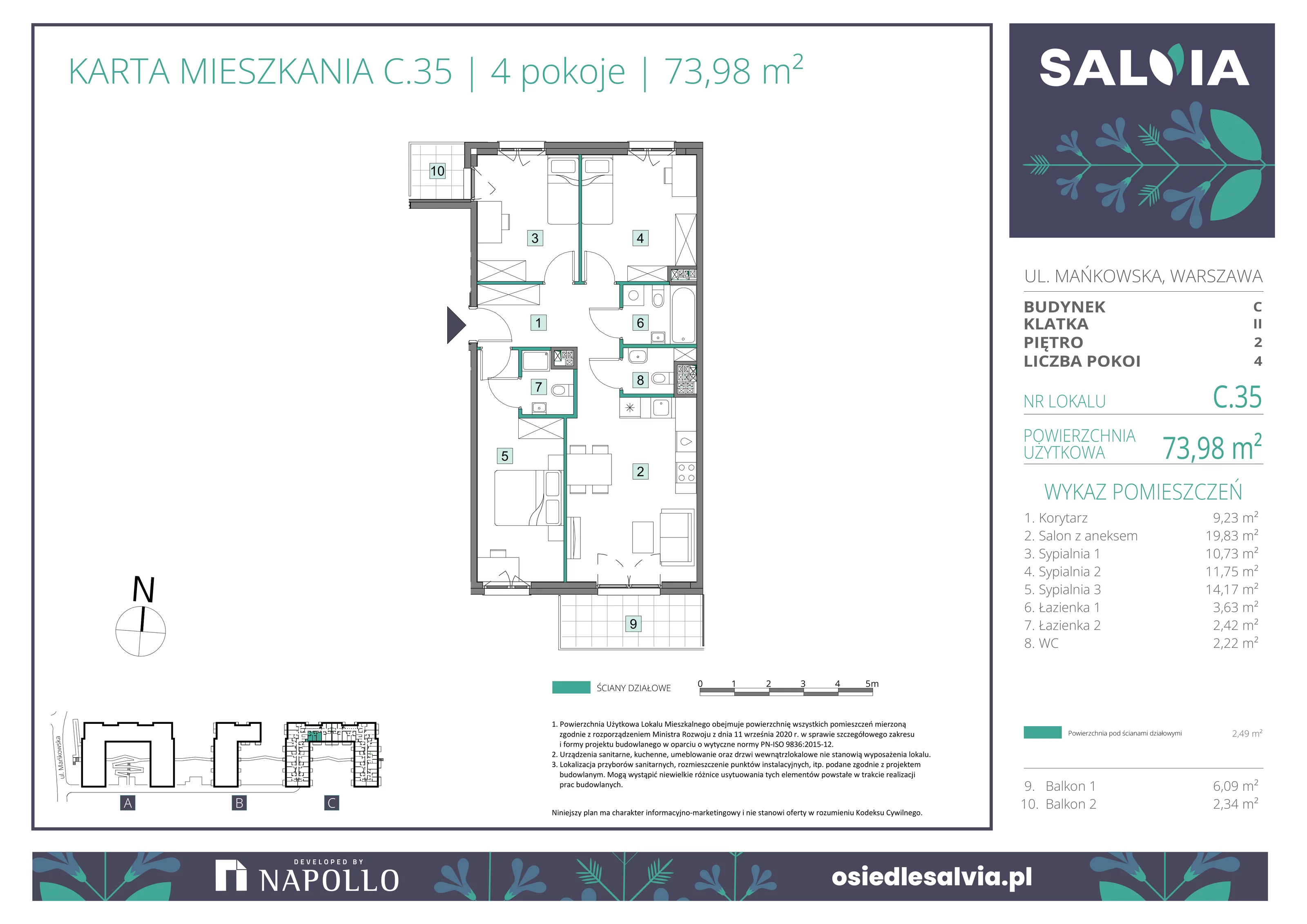 4 pokoje, mieszkanie 73,98 m², piętro 2, oferta nr C.35, Osiedle Salvia, Warszawa, Białołęka, Kobiałka, ul. Mańkowska