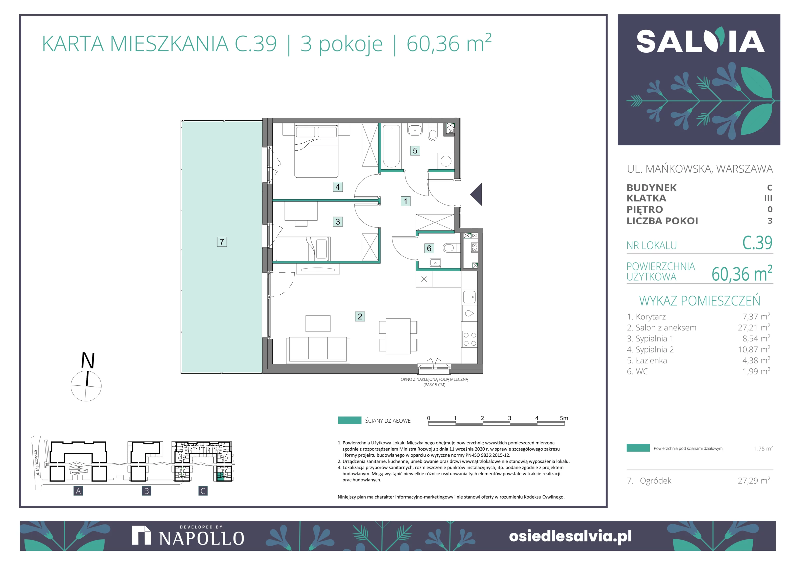 3 pokoje, mieszkanie 60,36 m², parter, oferta nr C.39, Osiedle Salvia, Warszawa, Białołęka, Kobiałka, ul. Mańkowska