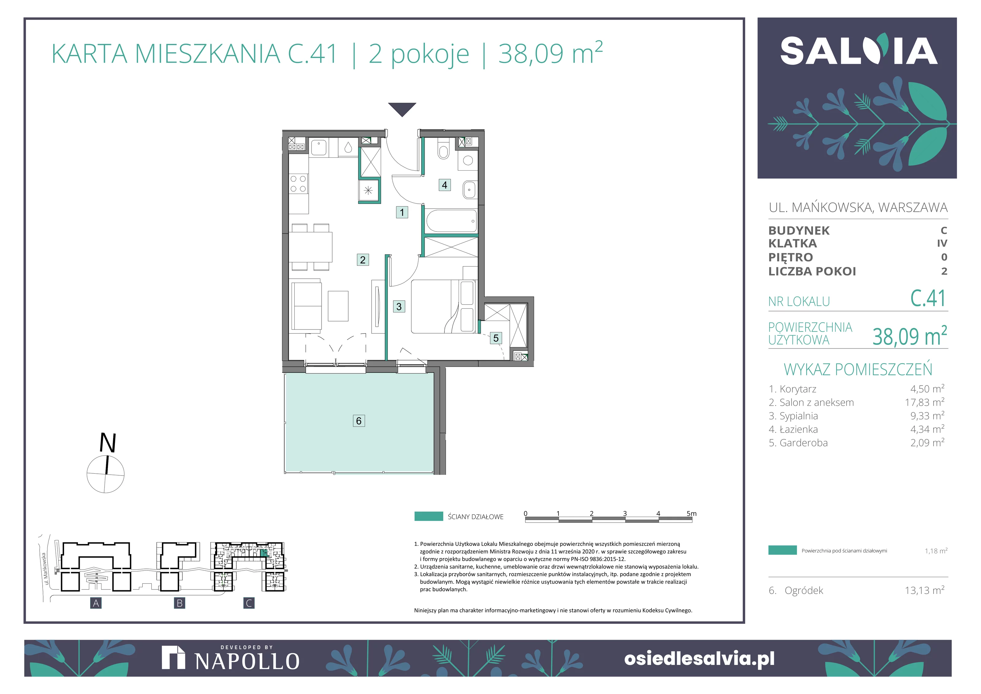2 pokoje, mieszkanie 38,09 m², parter, oferta nr C.41, Osiedle Salvia, Warszawa, Białołęka, Kobiałka, ul. Mańkowska