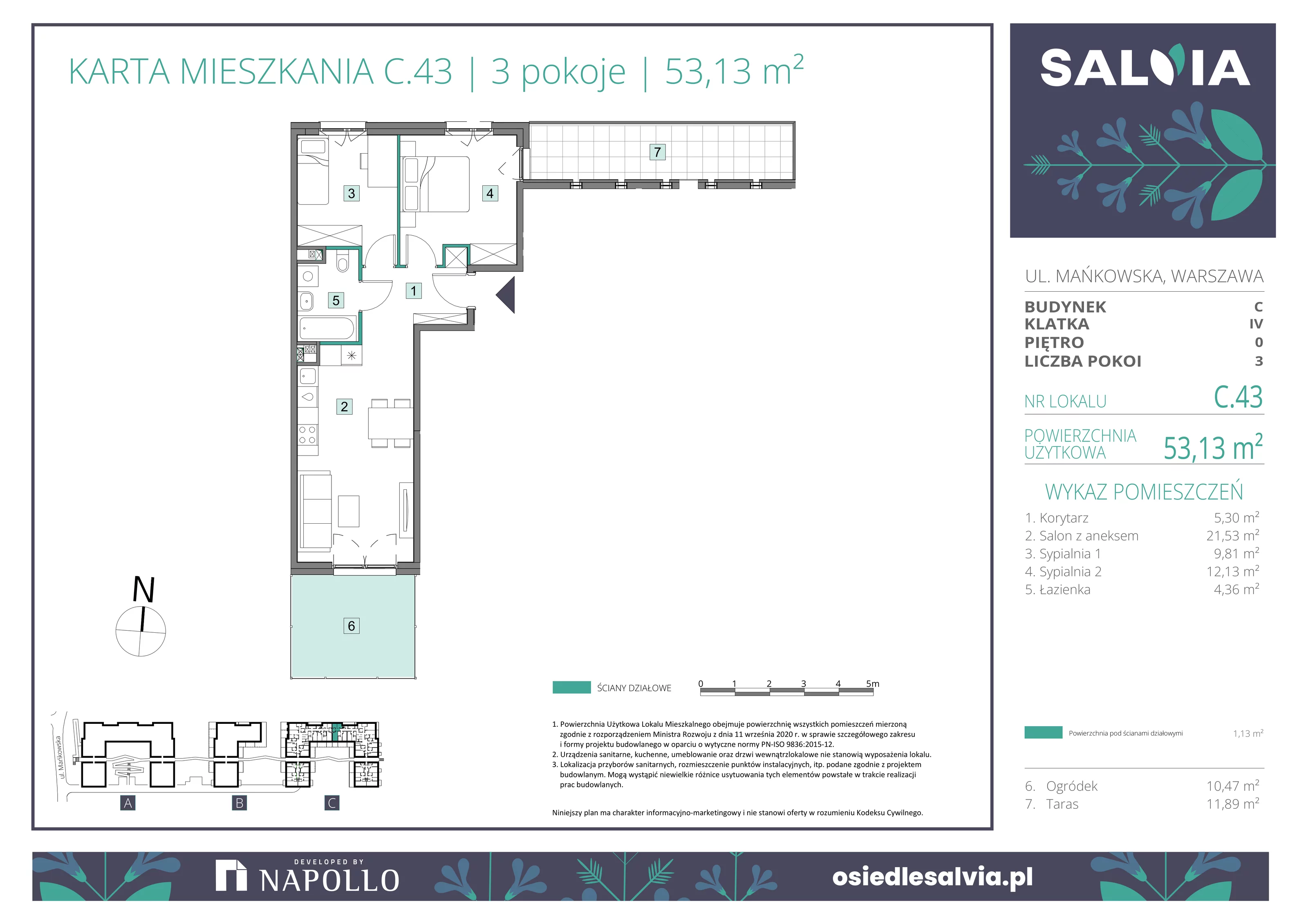 3 pokoje, mieszkanie 53,13 m², parter, oferta nr C.43, Osiedle Salvia, Warszawa, Białołęka, Kobiałka, ul. Mańkowska