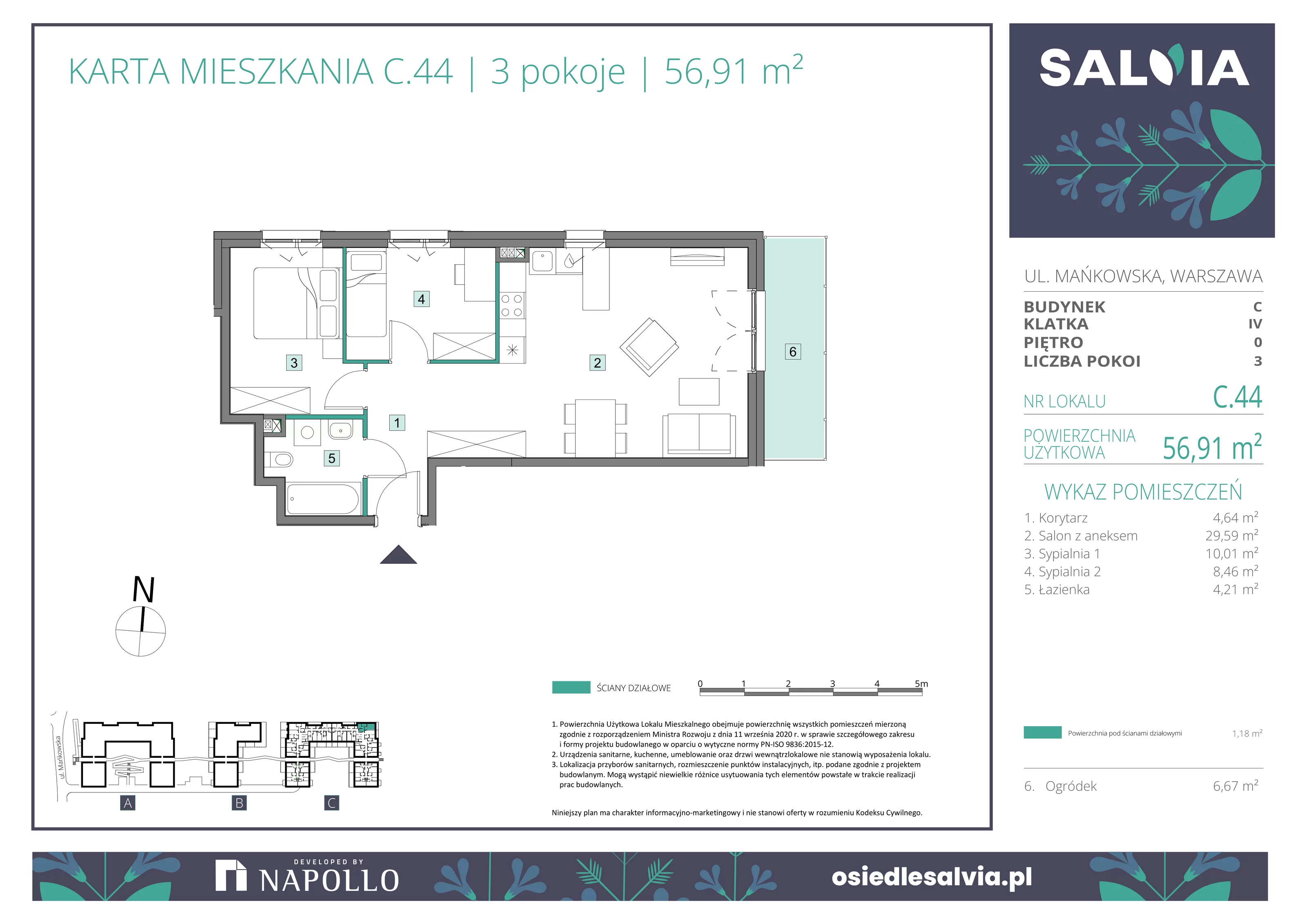 3 pokoje, mieszkanie 56,91 m², parter, oferta nr C.44, Osiedle Salvia, Warszawa, Białołęka, Kobiałka, ul. Mańkowska