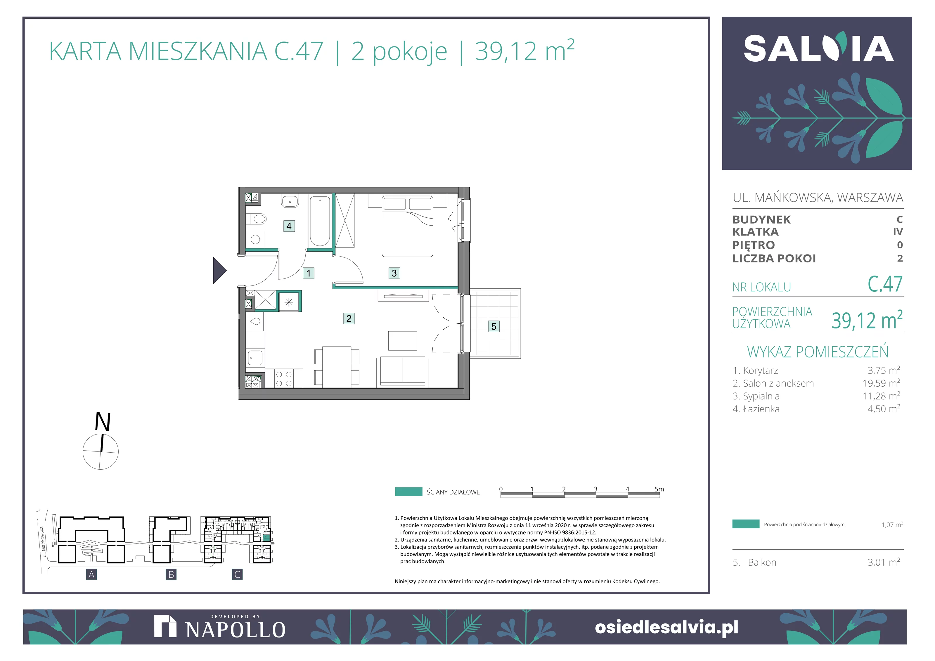 2 pokoje, mieszkanie 39,12 m², parter, oferta nr C.47, Osiedle Salvia, Warszawa, Białołęka, Kobiałka, ul. Mańkowska