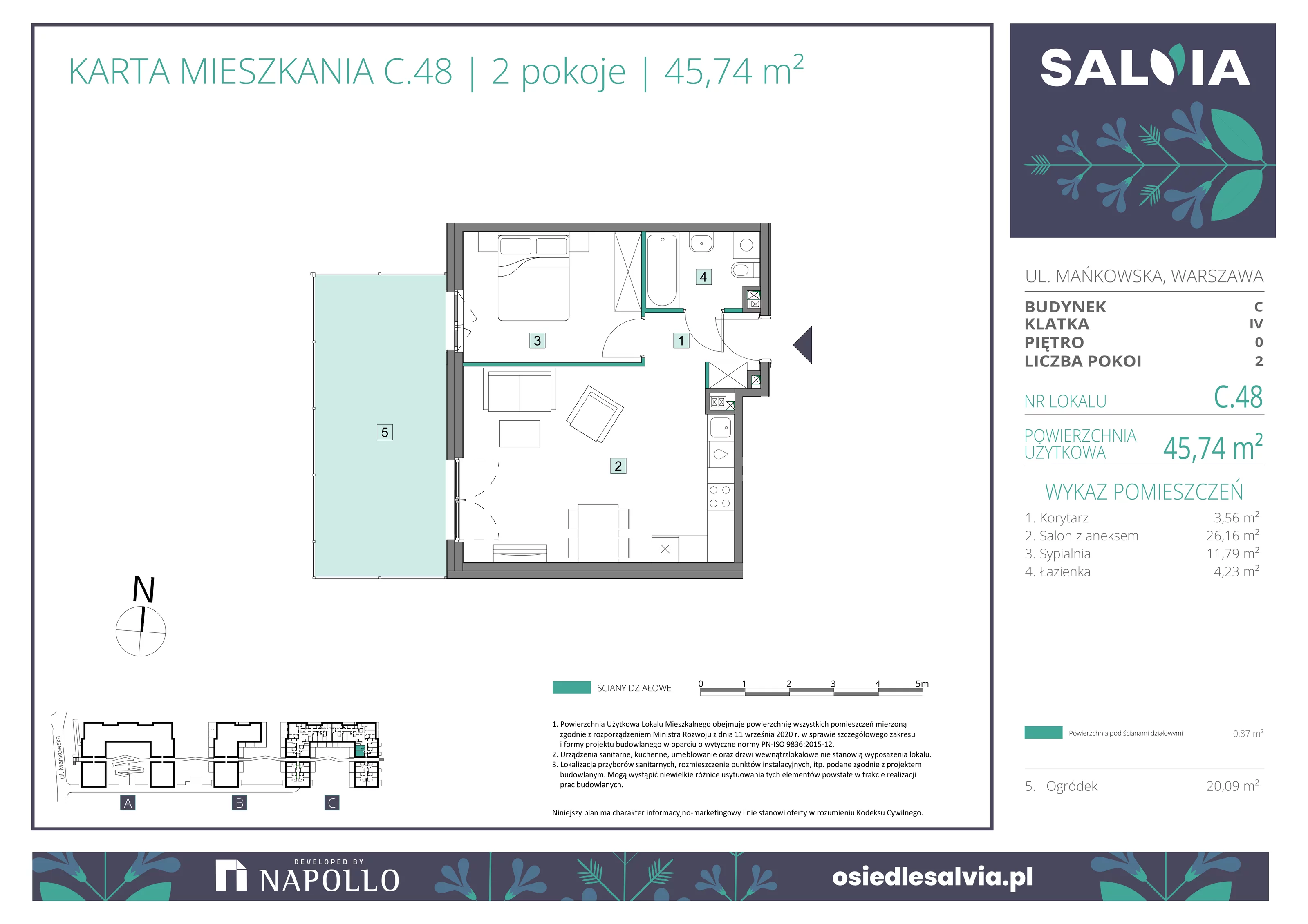 2 pokoje, mieszkanie 45,74 m², parter, oferta nr C.48, Osiedle Salvia, Warszawa, Białołęka, Kobiałka, ul. Mańkowska