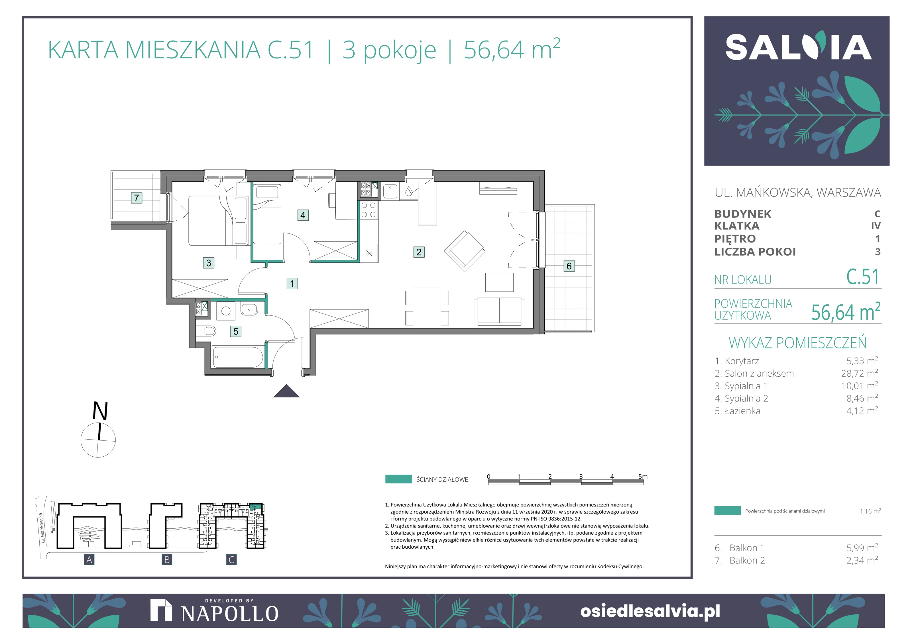 3 pokoje, mieszkanie 56,64 m², piętro 1, oferta nr C.51, Osiedle Salvia, Warszawa, Białołęka, Kobiałka, ul. Mańkowska