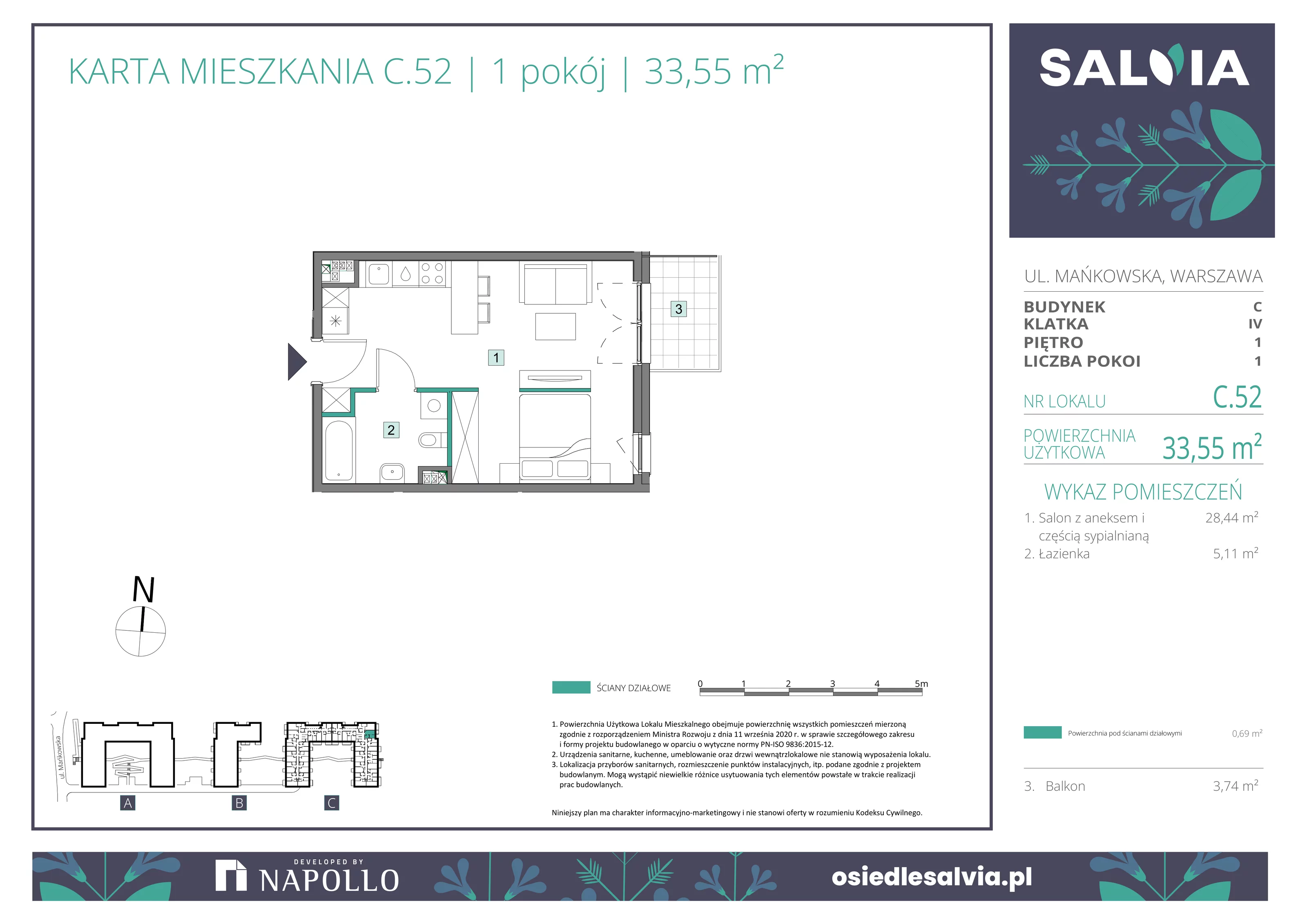 1 pokój, mieszkanie 33,55 m², piętro 1, oferta nr C.52, Osiedle Salvia, Warszawa, Białołęka, Kobiałka, ul. Mańkowska