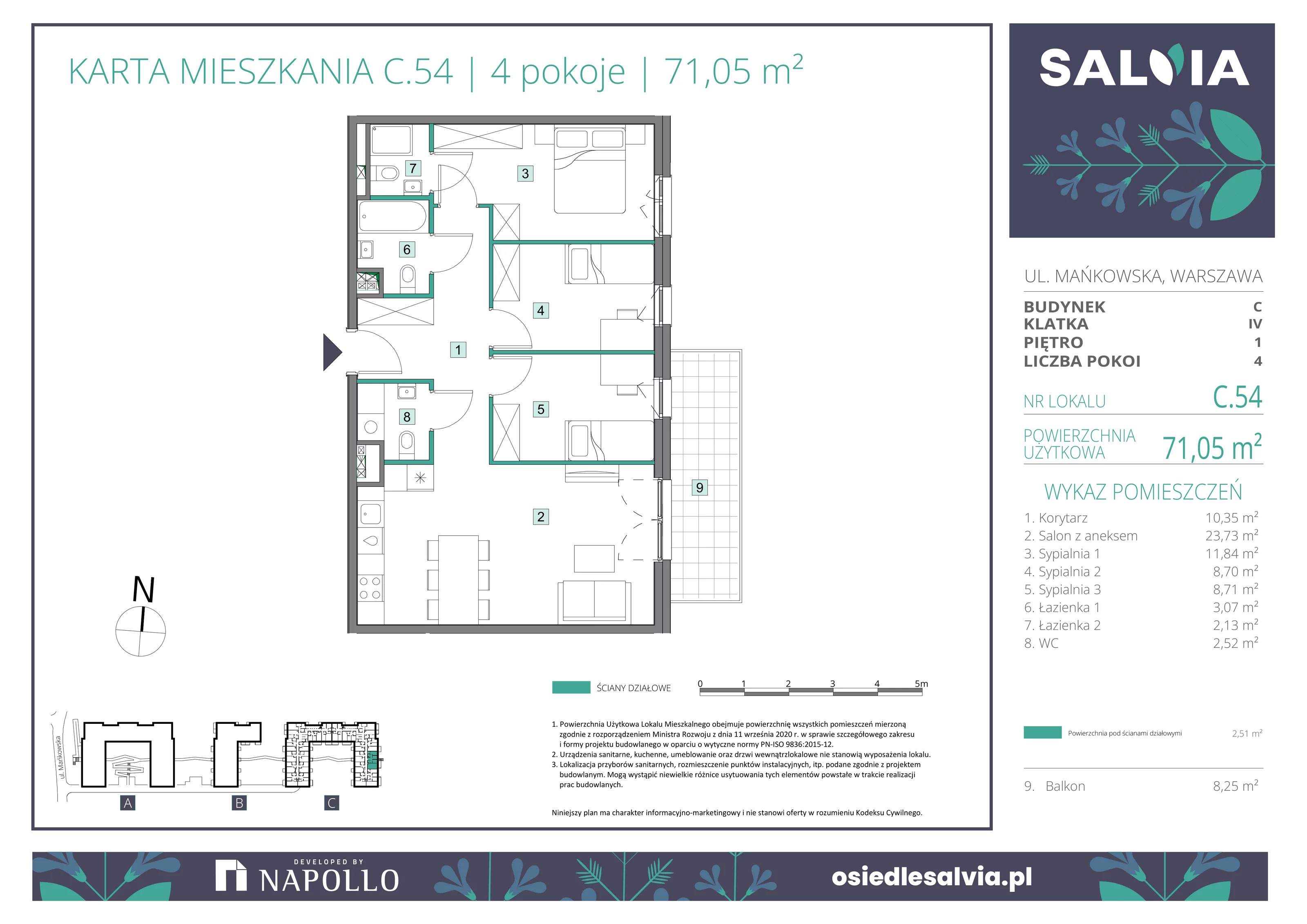4 pokoje, mieszkanie 71,05 m², piętro 1, oferta nr C.54, Osiedle Salvia, Warszawa, Białołęka, Kobiałka, ul. Mańkowska