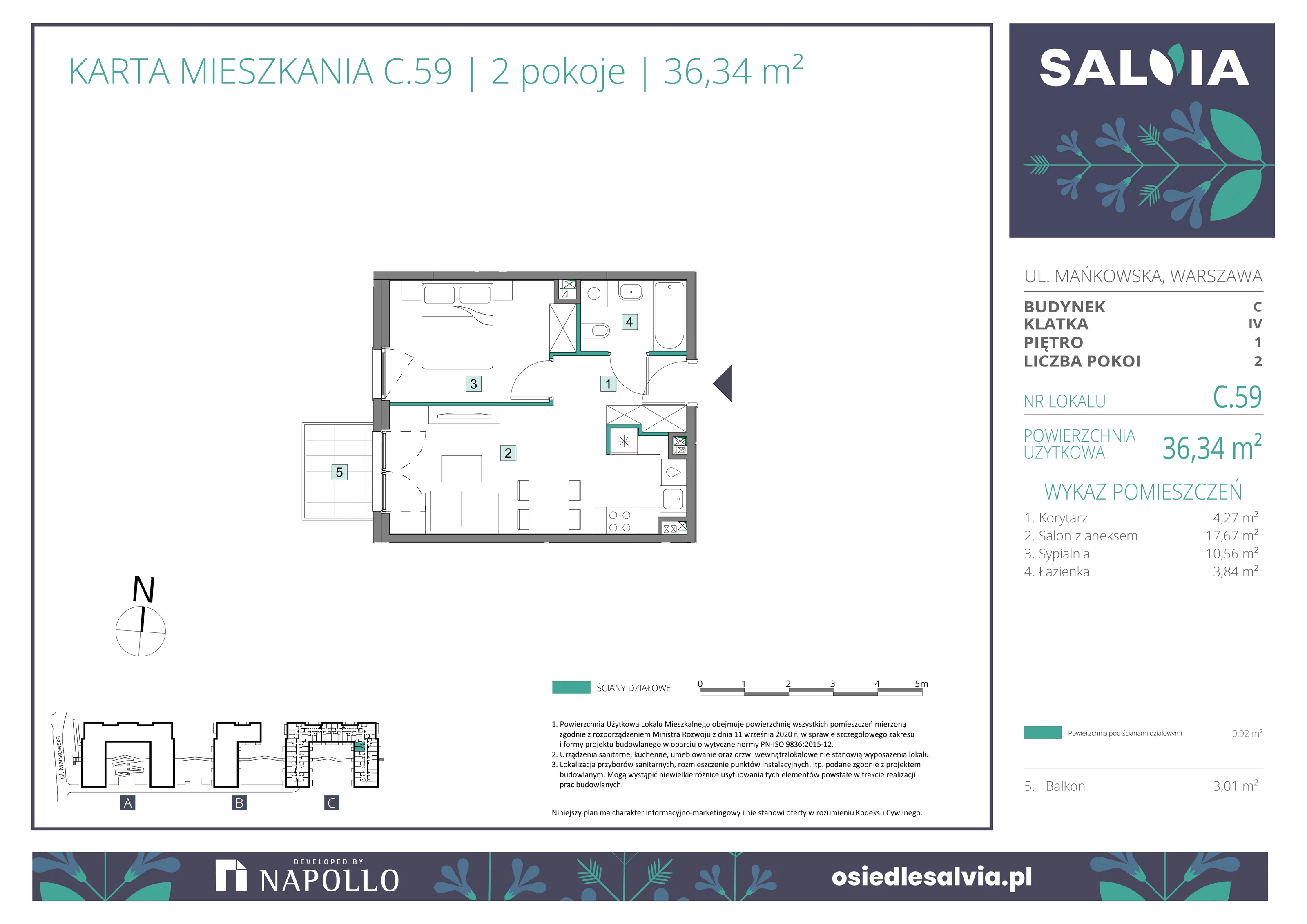 2 pokoje, mieszkanie 36,34 m², piętro 1, oferta nr C.59, Osiedle Salvia, Warszawa, Białołęka, Kobiałka, ul. Mańkowska