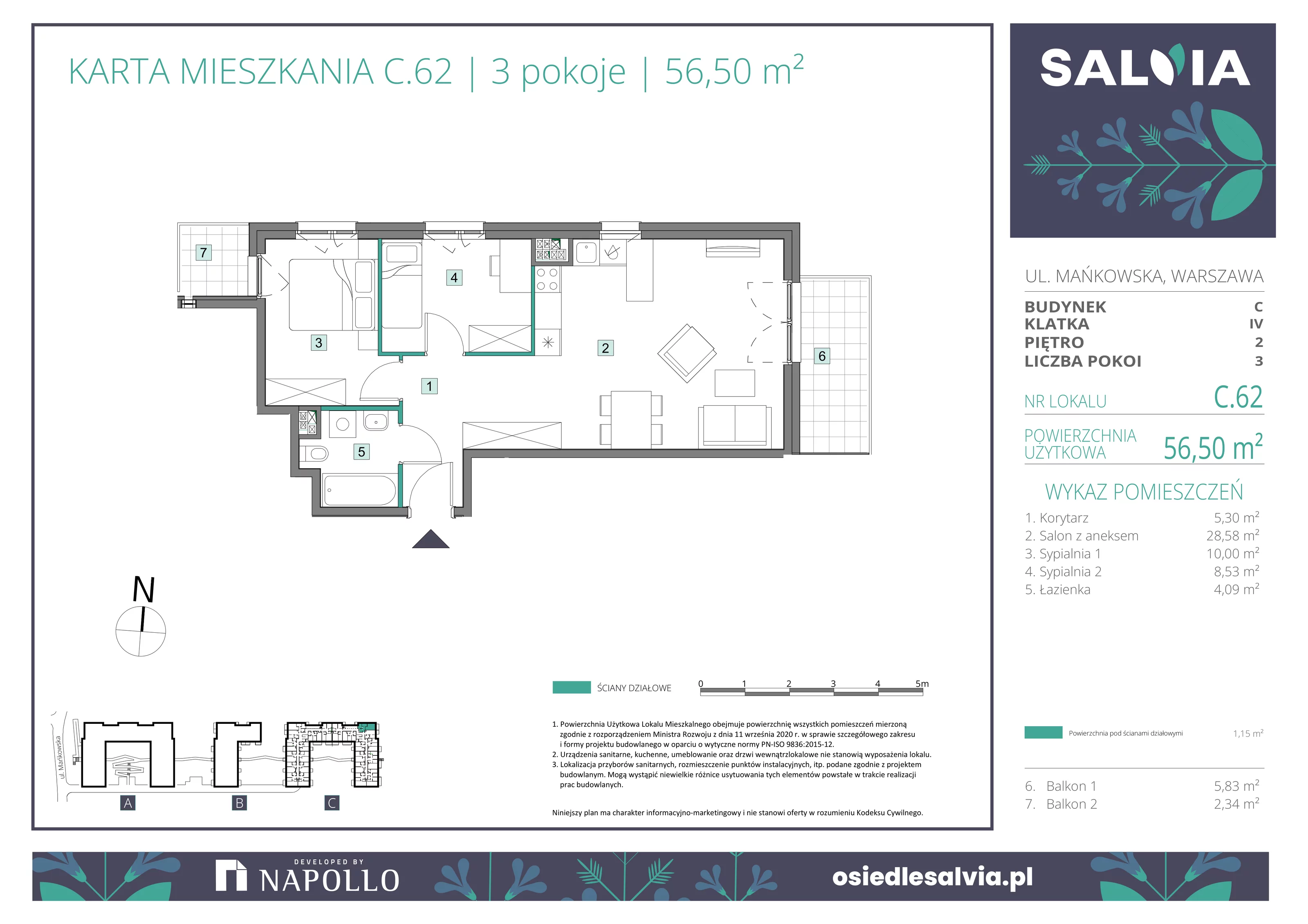 3 pokoje, mieszkanie 56,50 m², piętro 2, oferta nr C.62, Osiedle Salvia, Warszawa, Białołęka, Kobiałka, ul. Mańkowska