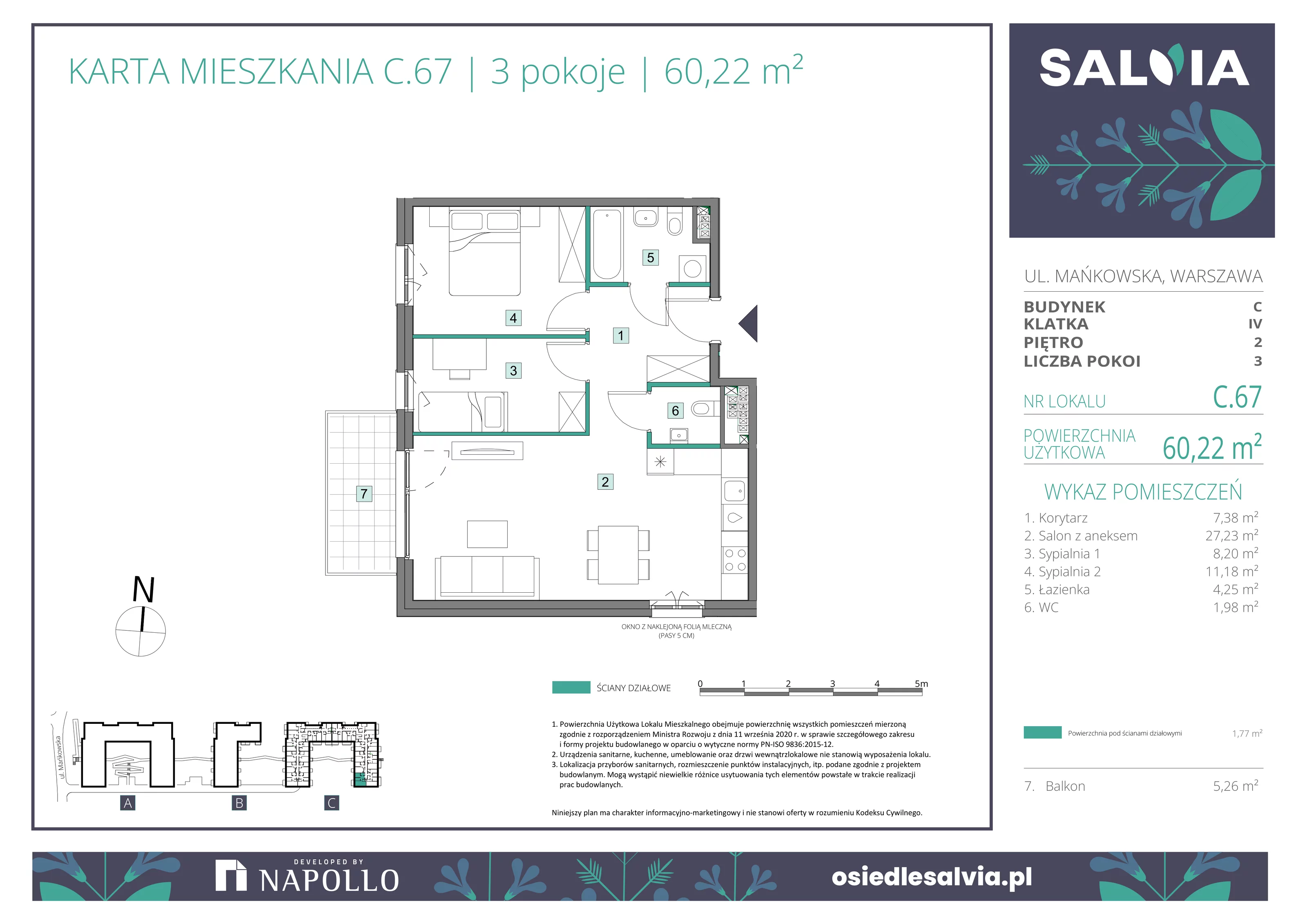 3 pokoje, mieszkanie 60,22 m², piętro 2, oferta nr C.67, Osiedle Salvia, Warszawa, Białołęka, Kobiałka, ul. Mańkowska