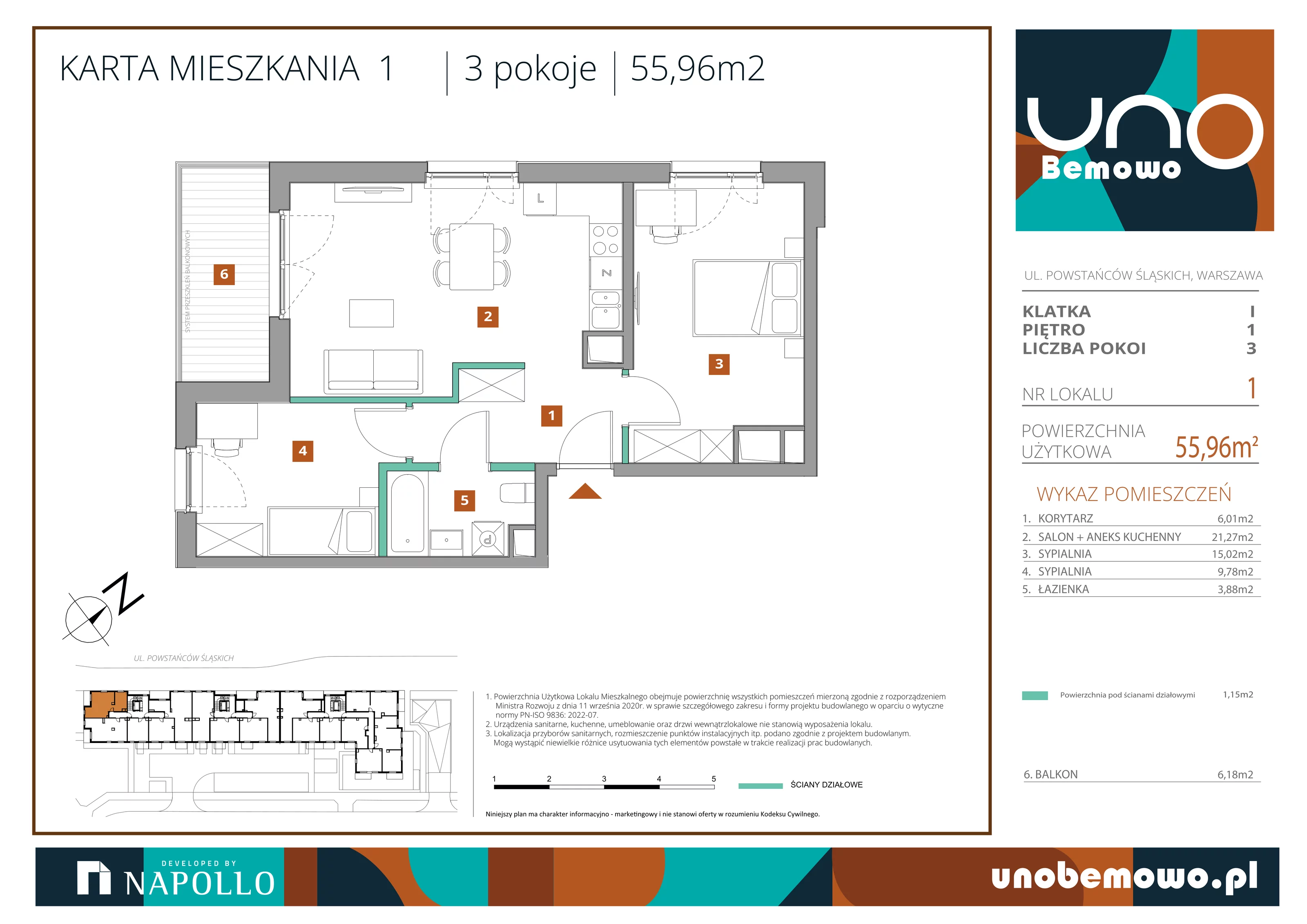 3 pokoje, mieszkanie 55,96 m², piętro 1, oferta nr 1, UNO Bemowo, Warszawa, Bemowo, Bemowo-Lotnisko, ul. Powstańców Śląskich
