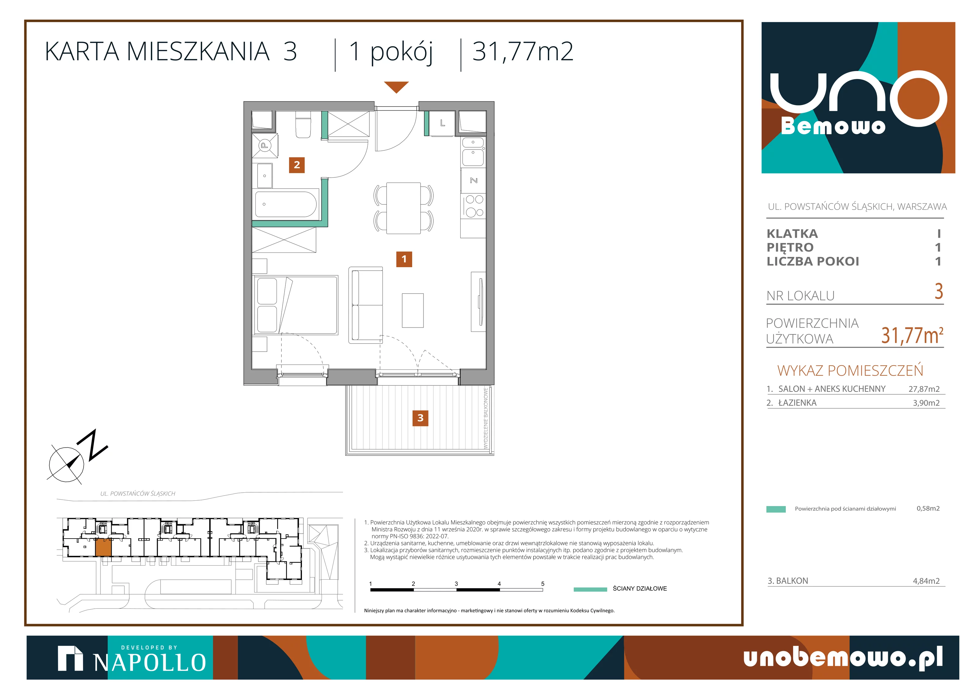 1 pokój, mieszkanie 31,77 m², piętro 1, oferta nr 3, UNO Bemowo, Warszawa, Bemowo, Bemowo-Lotnisko, ul. Powstańców Śląskich