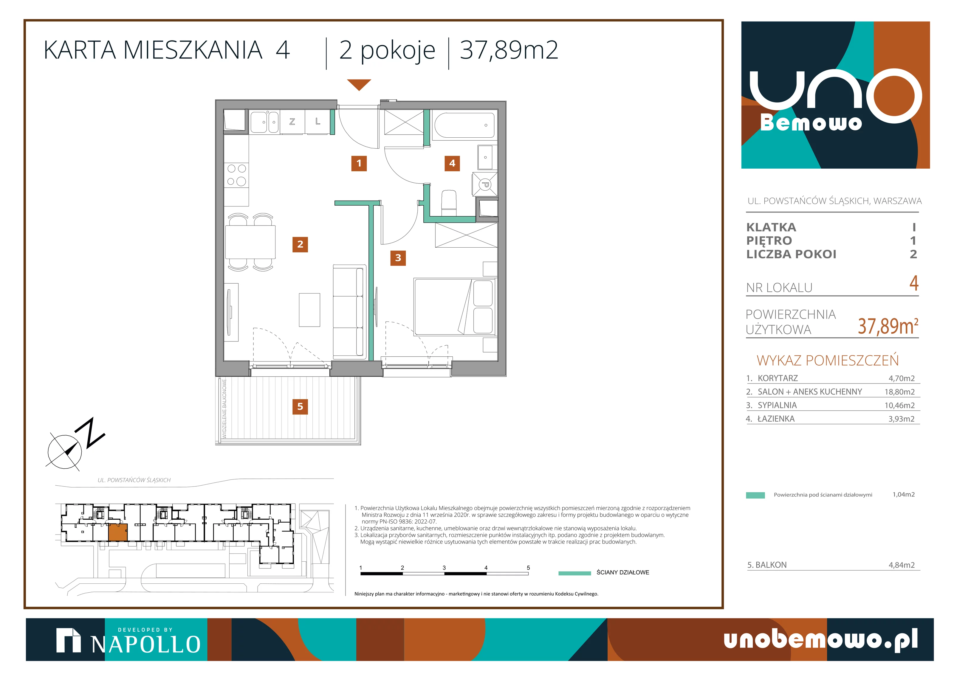 2 pokoje, mieszkanie 37,89 m², piętro 1, oferta nr 4, UNO Bemowo, Warszawa, Bemowo, Bemowo-Lotnisko, ul. Powstańców Śląskich