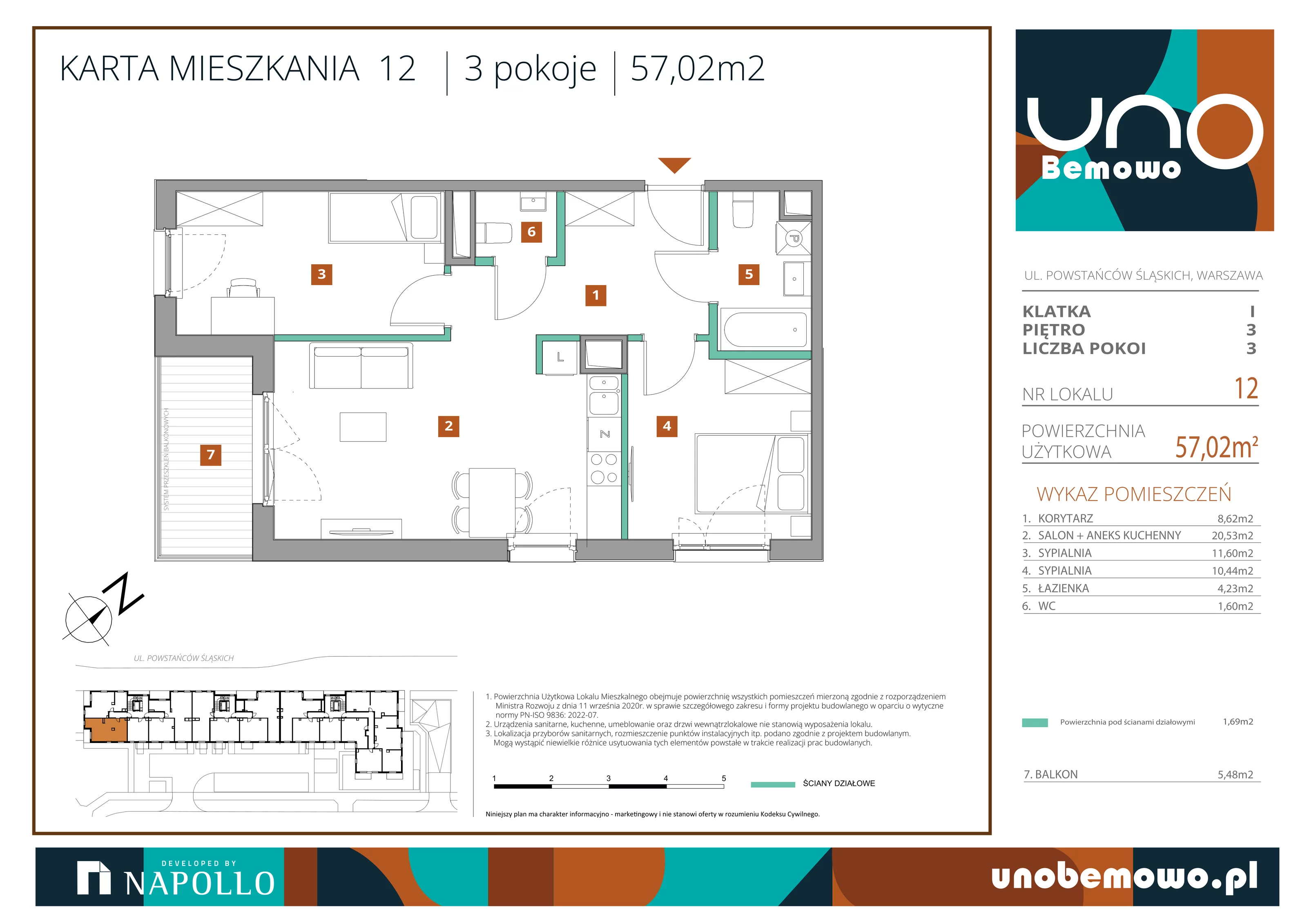 3 pokoje, mieszkanie 57,02 m², piętro 3, oferta nr 12, UNO Bemowo, Warszawa, Bemowo, Bemowo-Lotnisko, ul. Powstańców Śląskich