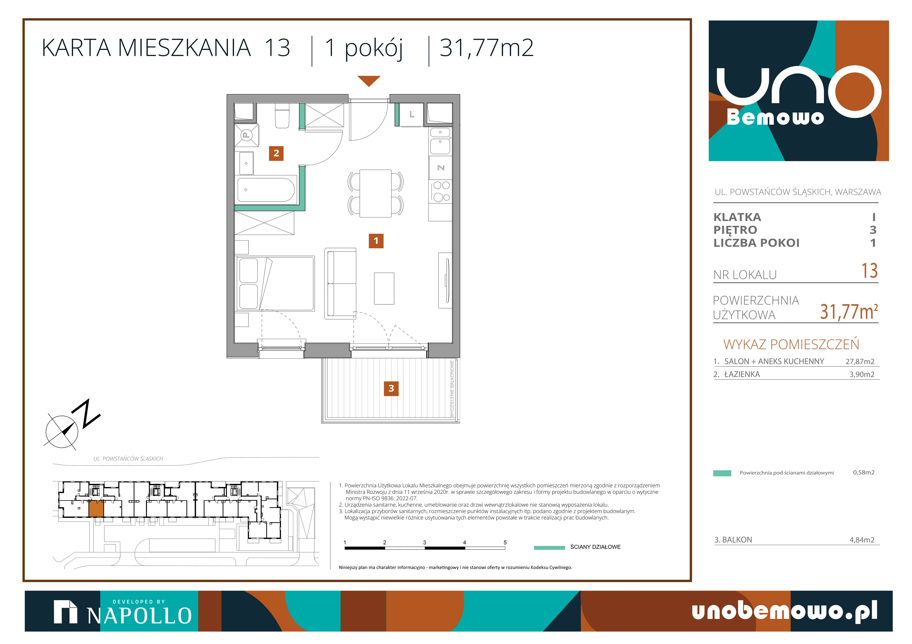 1 pokój, mieszkanie 31,77 m², piętro 3, oferta nr 13, UNO Bemowo, Warszawa, Bemowo, Bemowo-Lotnisko, ul. Powstańców Śląskich